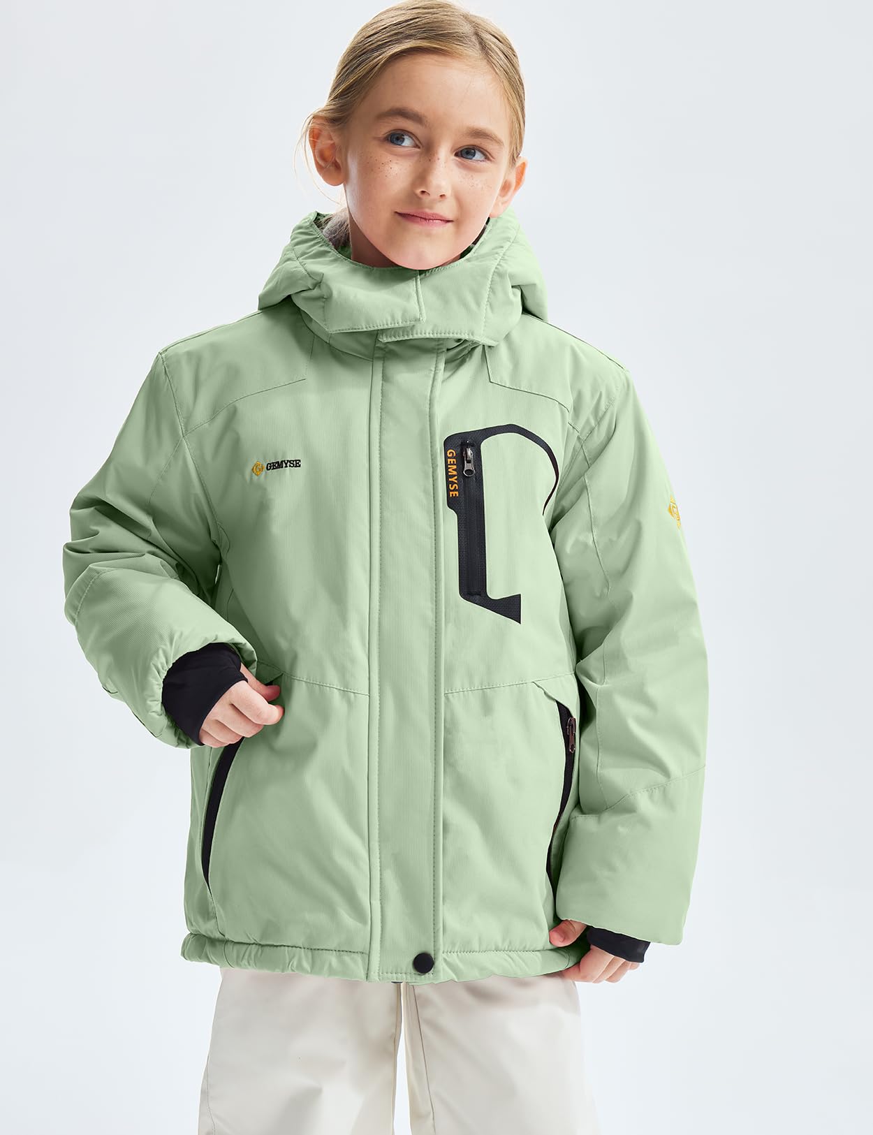 GEMYSE Mädchen Skijacke Wasserdichte Winterjacke Mit Warmer Fütterung Winddichter Schneeanzug Warm mit Kapuze für Outdoor(Aqua,140-146)