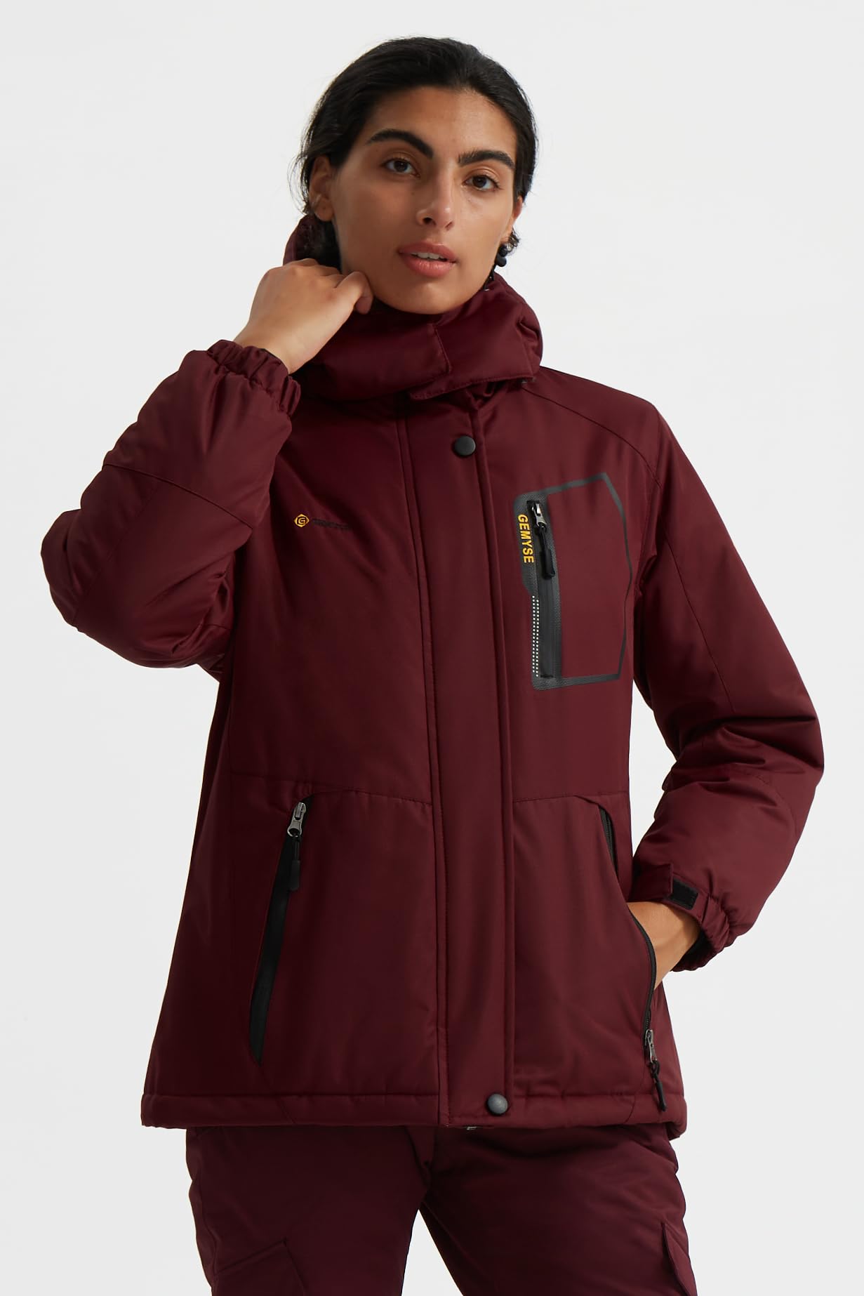 GEMYSE Damen Skijacke Wasserdicht Fleece Winterjacke Winddicht Schneejacke mit Kapuze für Outdoor Aktivitäten und Sport(Weinrot,2XL)