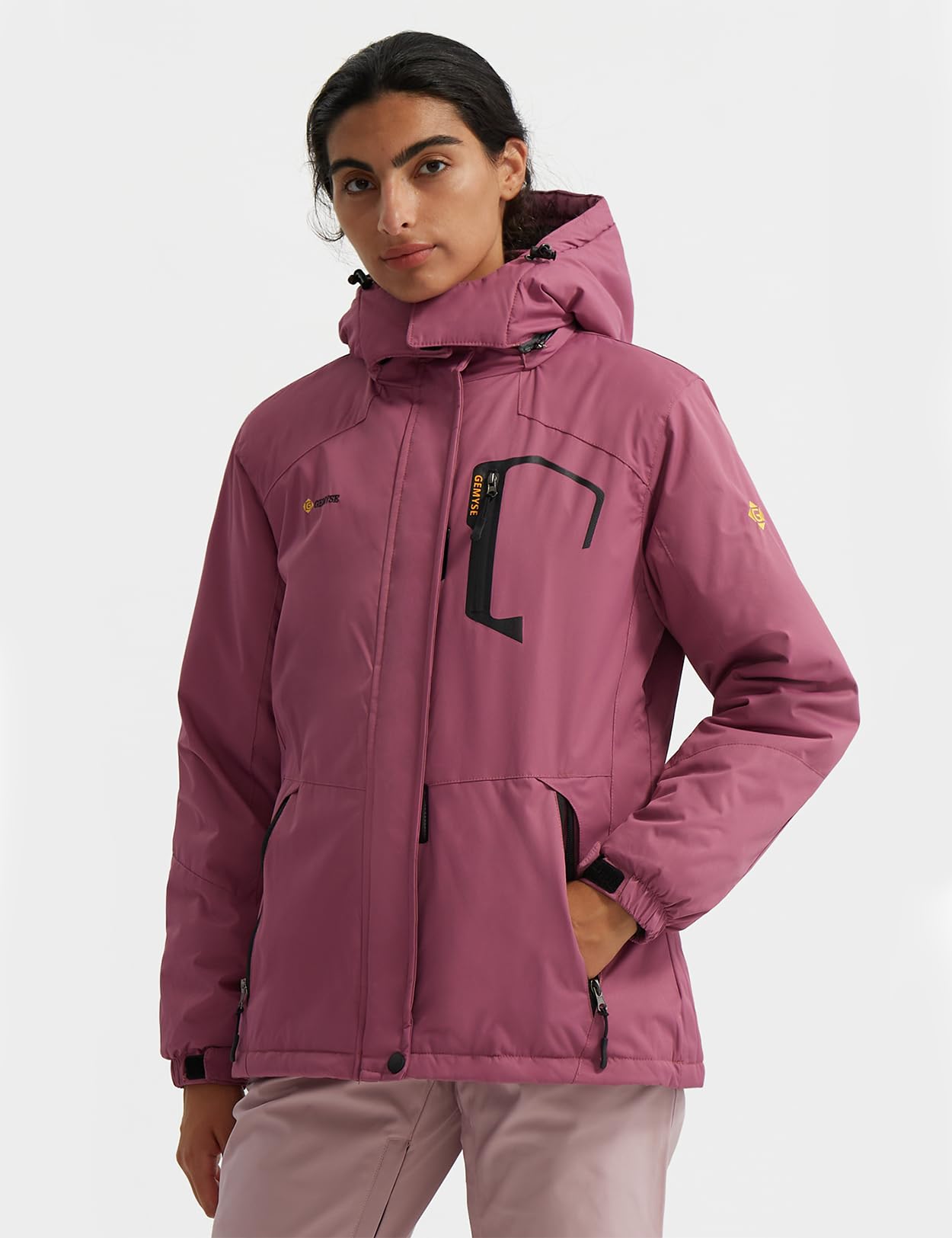 GEMYSE Damen Skijacke Wasserdicht Fleece Winterjacke Winddicht Schneejacke mit Kapuze für Outdoor Aktivitäten und Sport(Hellpink,L)