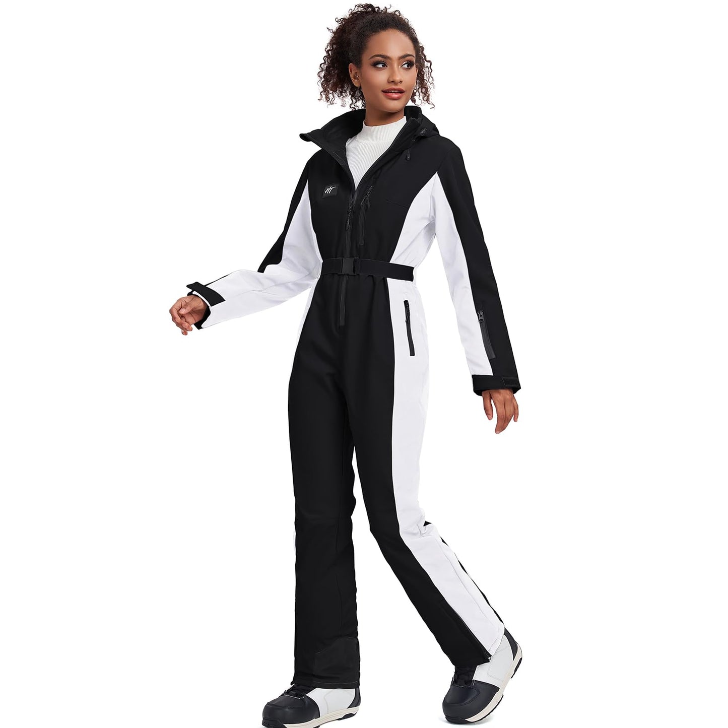 HOTIAN Damen Skianzug Damen Einteiler Skioverall Winter Warme Schnee Skifahren Winddicht Wasserdicht Outdoor Schneeoverall Jumpsuit Mit Kapuze Verdicken Schneeanzug Ski Suit Black M