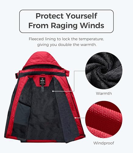 Wantdo Damen Berg Ski Jacke Wärmer Winter Fleece Mäntel Wasserdichter Atmungsaktive RegenMäntel Outdoor Kapuzen Windbreaker Jacken Rot M