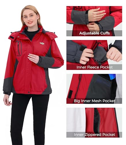 Wantdo Damen Berg Ski Jacke Wärmer Winter Fleece Mäntel Wasserdichter Atmungsaktive RegenMäntel Outdoor Kapuzen Windbreaker Jacken Rot M