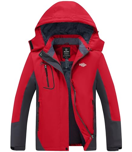 Wantdo Damen Berg Ski Jacke Wärmer Winter Fleece Mäntel Wasserdichter Atmungsaktive RegenMäntel Outdoor Kapuzen Windbreaker Jacken Rot M