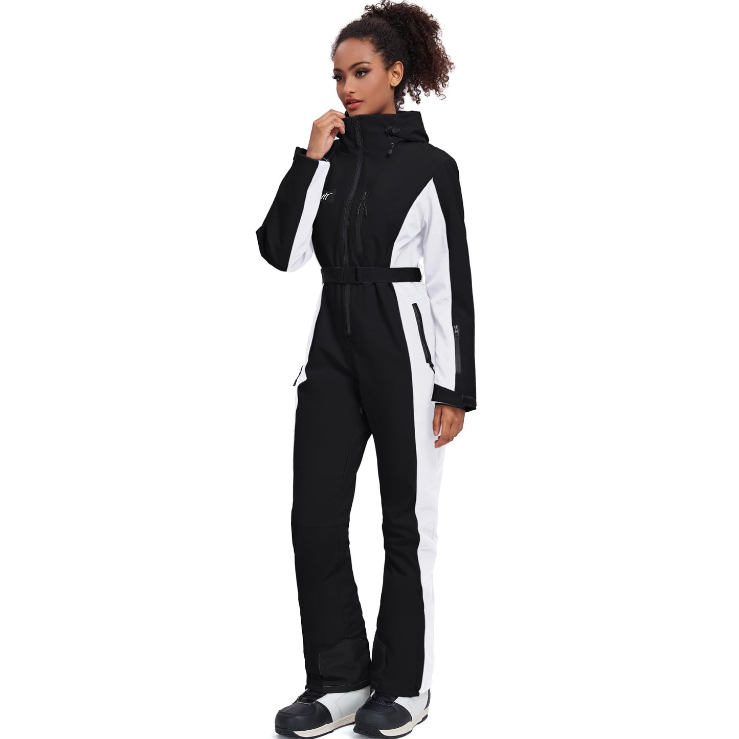 HOTIAN Damen Skianzug Damen Einteiler Skioverall Winter Warme Schnee Skifahren Winddicht Wasserdicht Outdoor Schneeoverall Jumpsuit Mit Kapuze Verdicken Schneeanzug Ski Suit Black M
