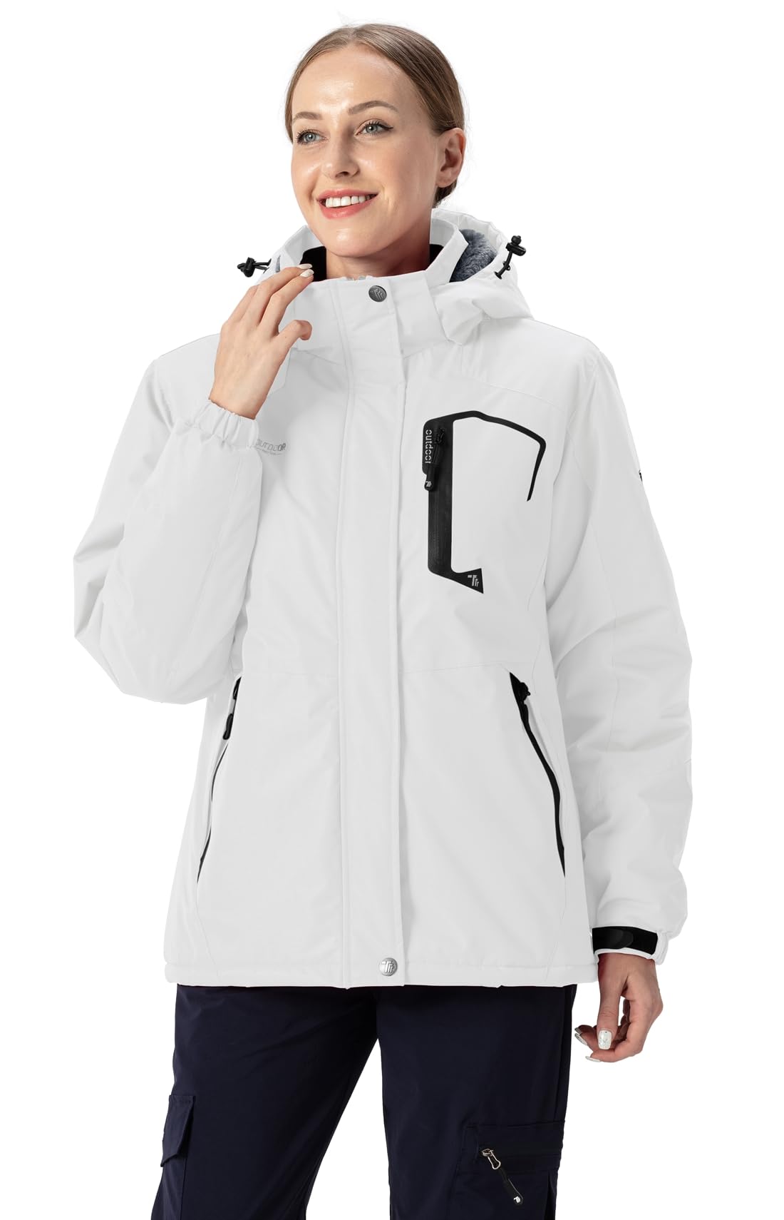 YSENTO Damen Winterjacke Wasserdicht Skijacke Outdoor Softshelljacke Warm Fleecejacke Funktionsjacke mit Abnehmbarer Kapuze(Weiß,S)