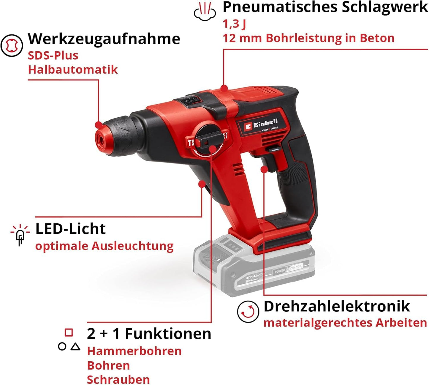 Akku-Bohrhammer TE-HD 18/12 Li-Solo Power X-Change (Lithium-Ionen, 18 V, 1,3 J, Bohrleistung in Beton 12 mm, SDS-plus-Aufnahme, LED-Licht, ohne Akku und Ladegerät)