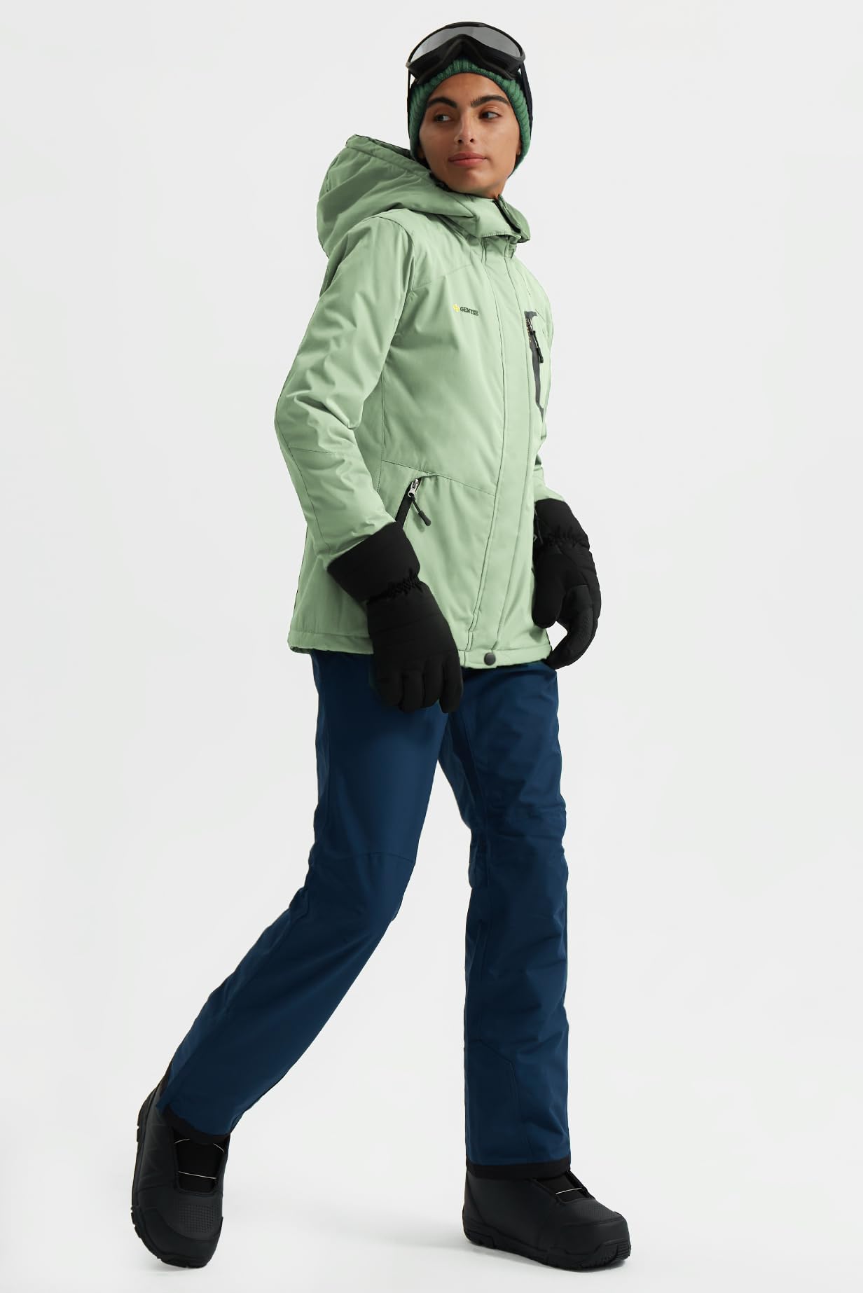 GEMYSE Damen Skijacke Wasserdicht Fleece Winterjacke Winddicht Schneejacke mit Kapuze für Outdoor Aktivitäten und Sport(Eisgrün,S)