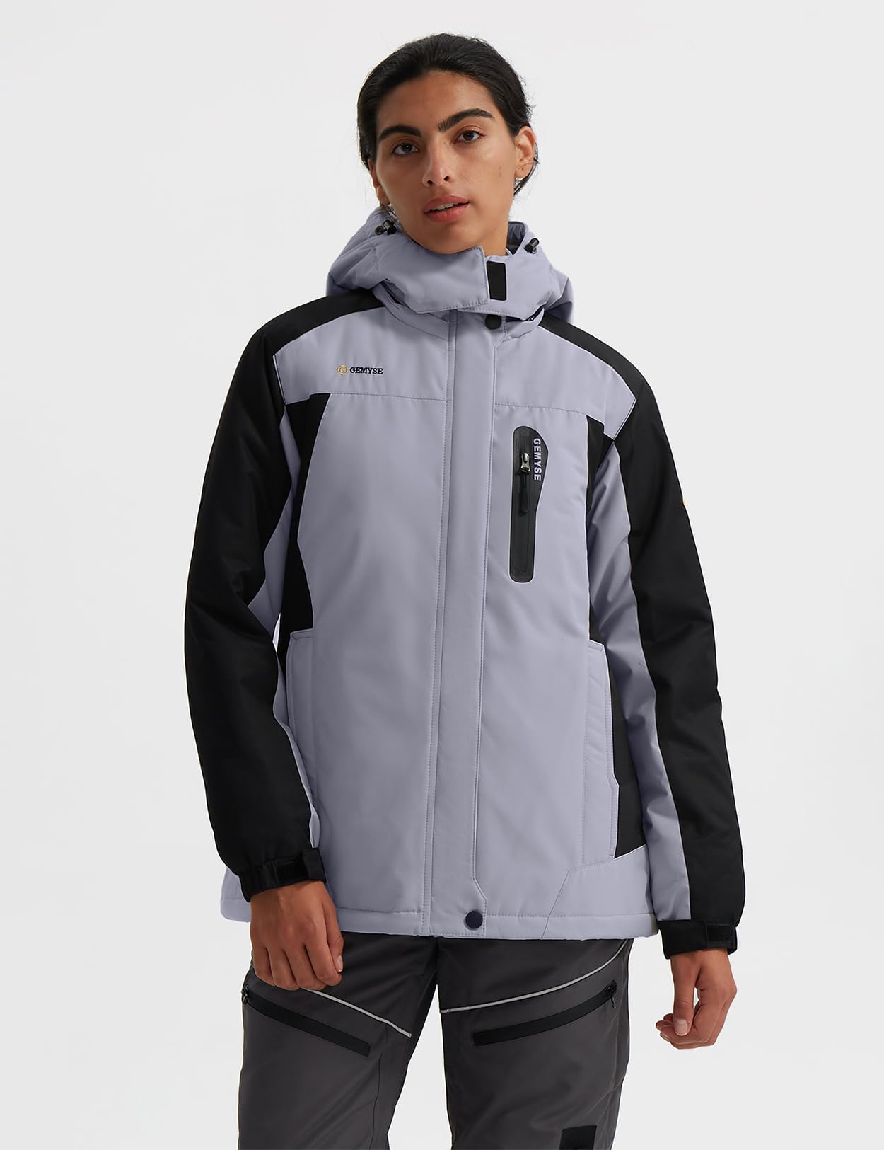GEMYSE Damen Skijacke Wasserdicht Winddicht Fleece Winterjacke mit Kapuze Schneejacke für Aktivitäten im Freien(Grau schwarz,2XL)
