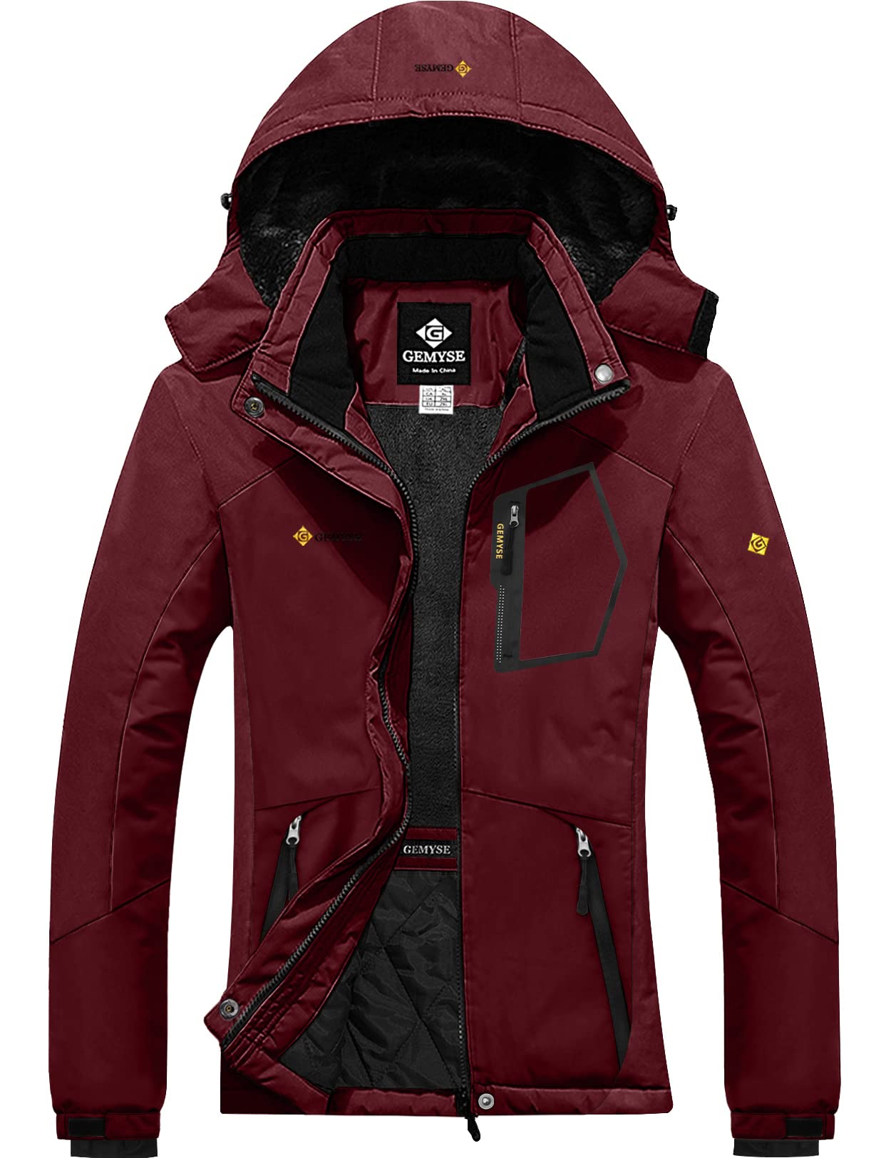 GEMYSE Damen Skijacke Wasserdicht Fleece Winterjacke Winddicht Schneejacke mit Kapuze für Outdoor Aktivitäten und Sport(Weinrot,2XL)