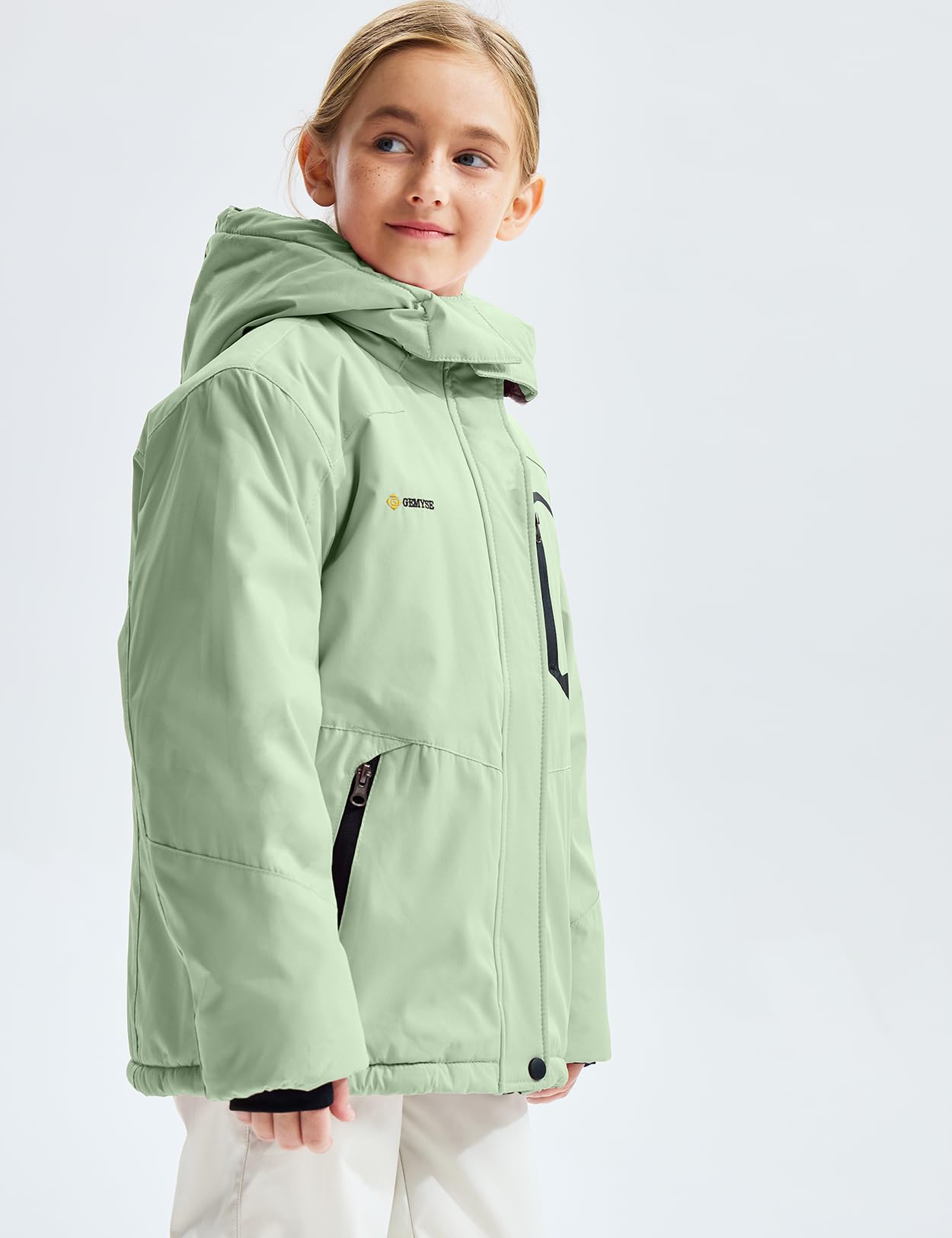 GEMYSE Mädchen Skijacke Wasserdichte Winterjacke Mit Warmer Fütterung Winddichter Schneeanzug Warm mit Kapuze für Outdoor(Aqua,140-146)