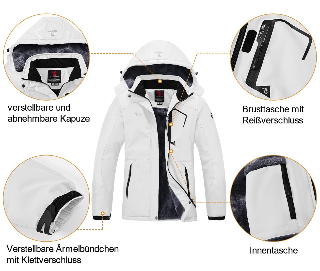 YSENTO Damen Winterjacke Wasserdicht Skijacke Outdoor Softshelljacke Warm Fleecejacke Funktionsjacke mit Abnehmbarer Kapuze(Weiß,S)