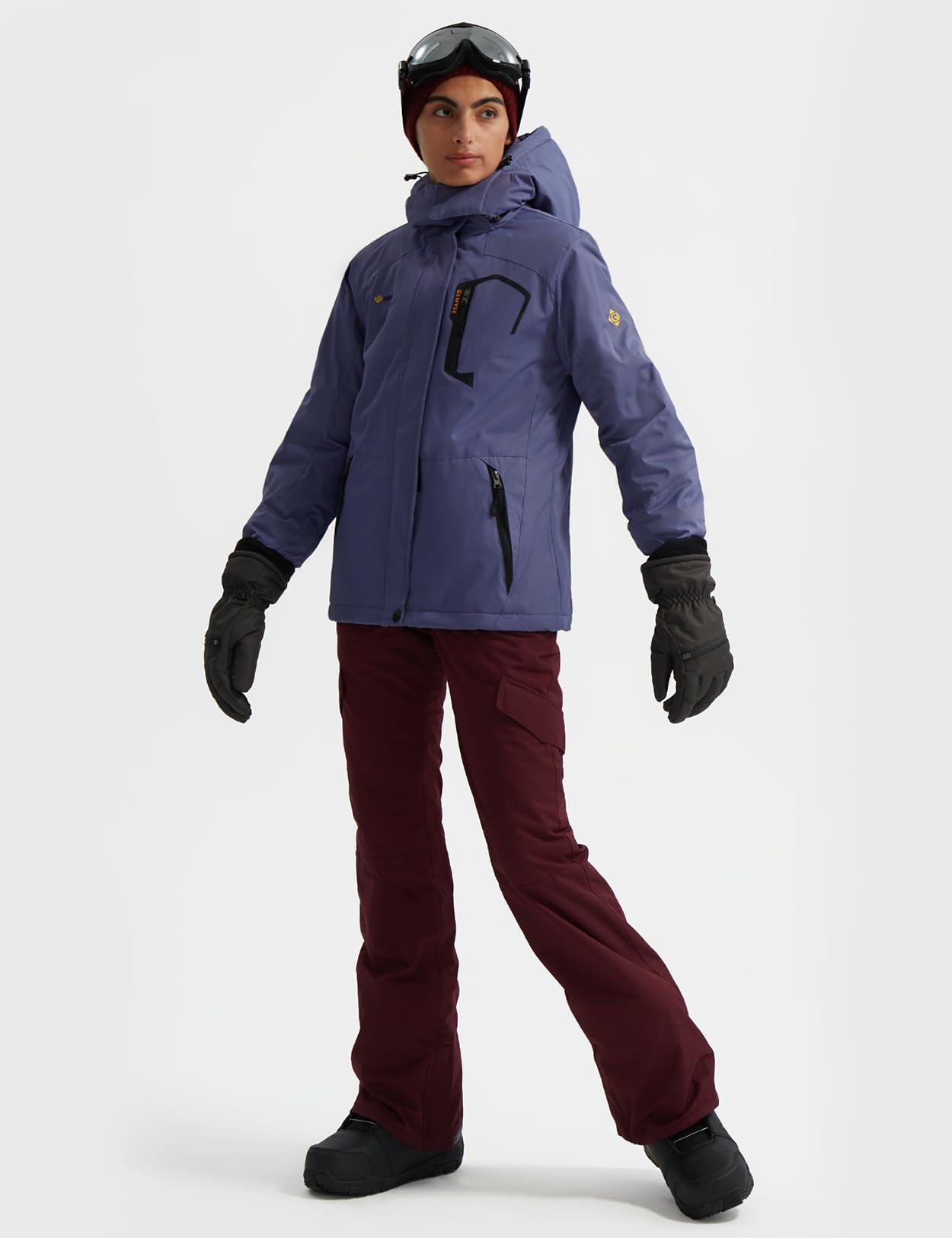 GEMYSE Damen Skijacke Wasserdicht Fleece Winterjacke Winddicht Schneejacke mit Kapuze für Outdoor Aktivitäten und Sport(Grau Lila,M)