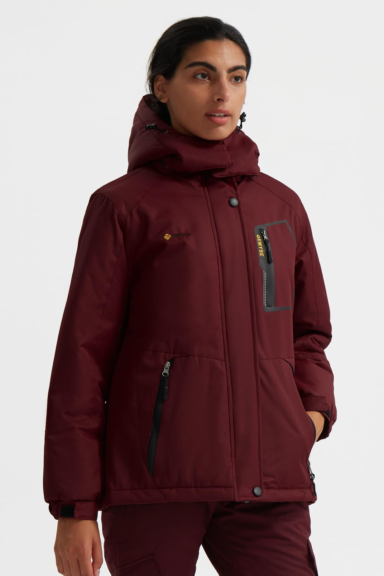 GEMYSE Damen Skijacke Wasserdicht Fleece Winterjacke Winddicht Schneejacke mit Kapuze für Outdoor Aktivitäten und Sport(Weinrot,2XL)