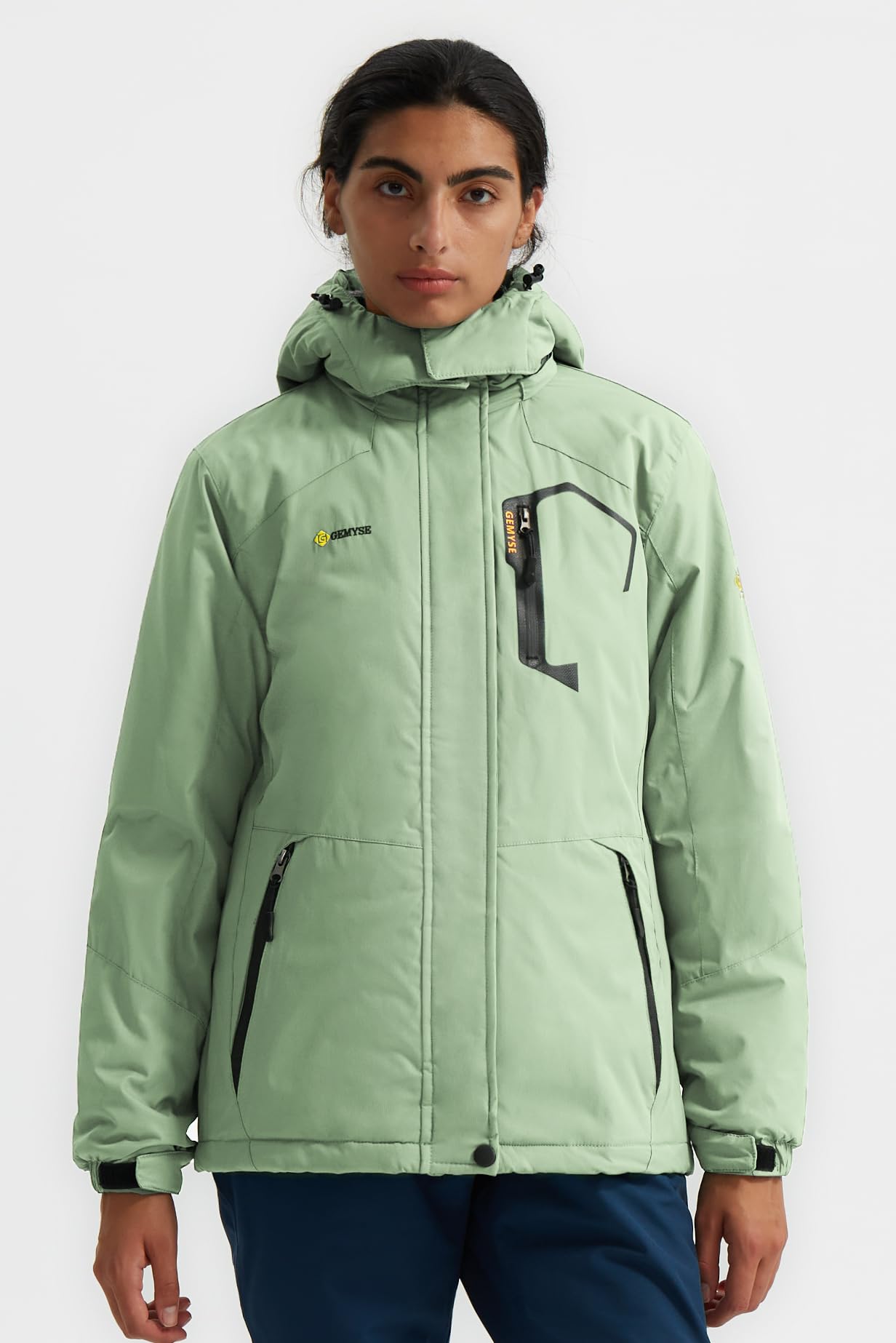 GEMYSE Damen Skijacke Wasserdicht Fleece Winterjacke Winddicht Schneejacke mit Kapuze für Outdoor Aktivitäten und Sport(Eisgrün,S)