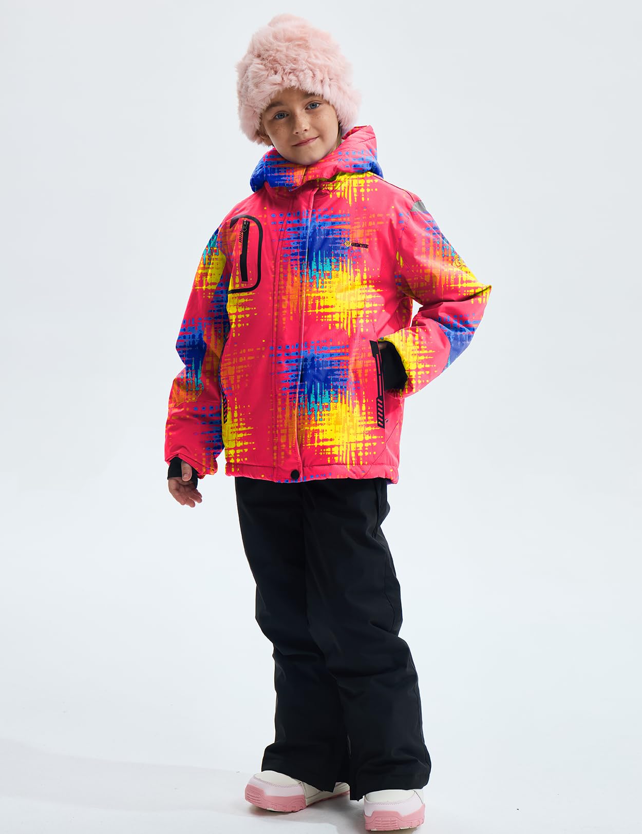 GEMYSE Mädchen Skijacke wasserdicht Winterjacke winddicht Fleece Schneeanzug warm mit Kapuze für Outdoor(Druck,140-146)