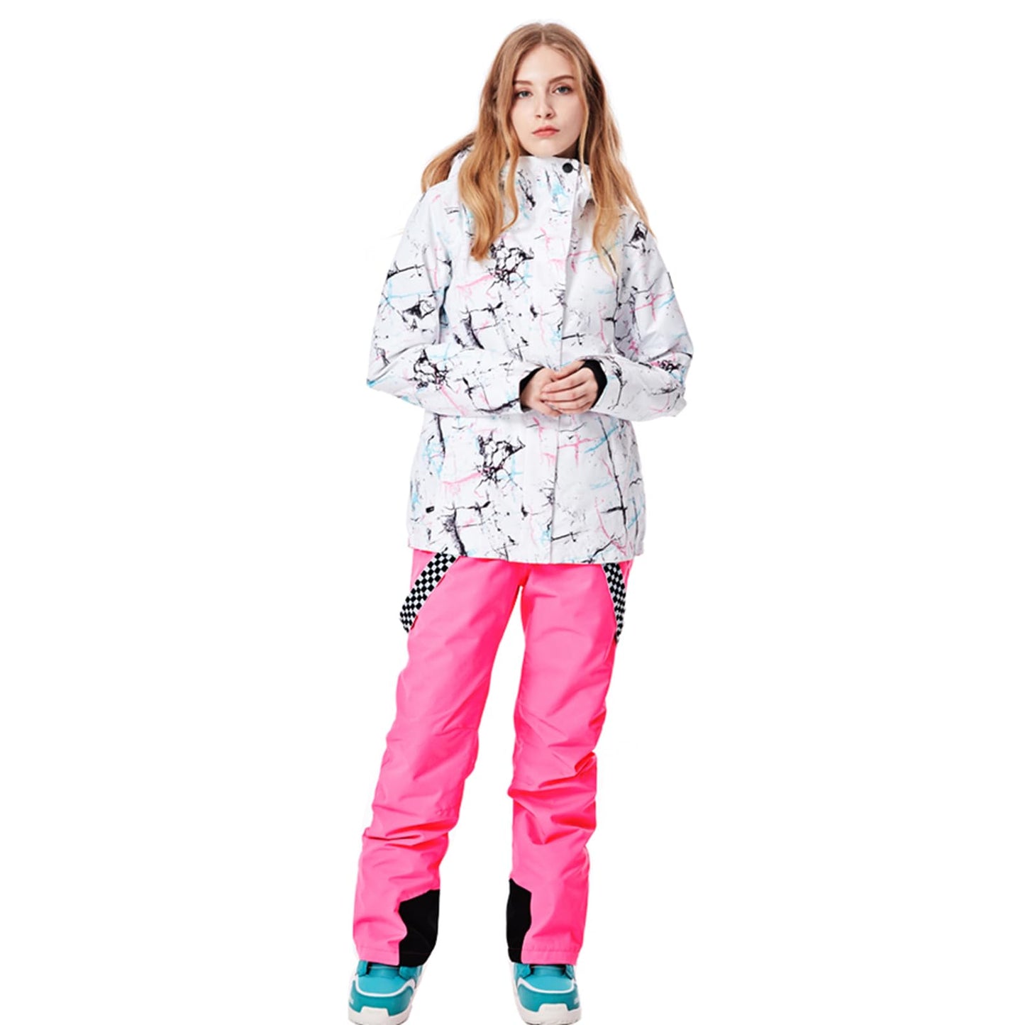 ALSOGO Damen Skianzug Schneeanzug Winddicht Wasserdicht Skifahren Snowboardjacke Trägerhose Set Zum Skifahren Snowboarden Klettern SMNWT+Pink S