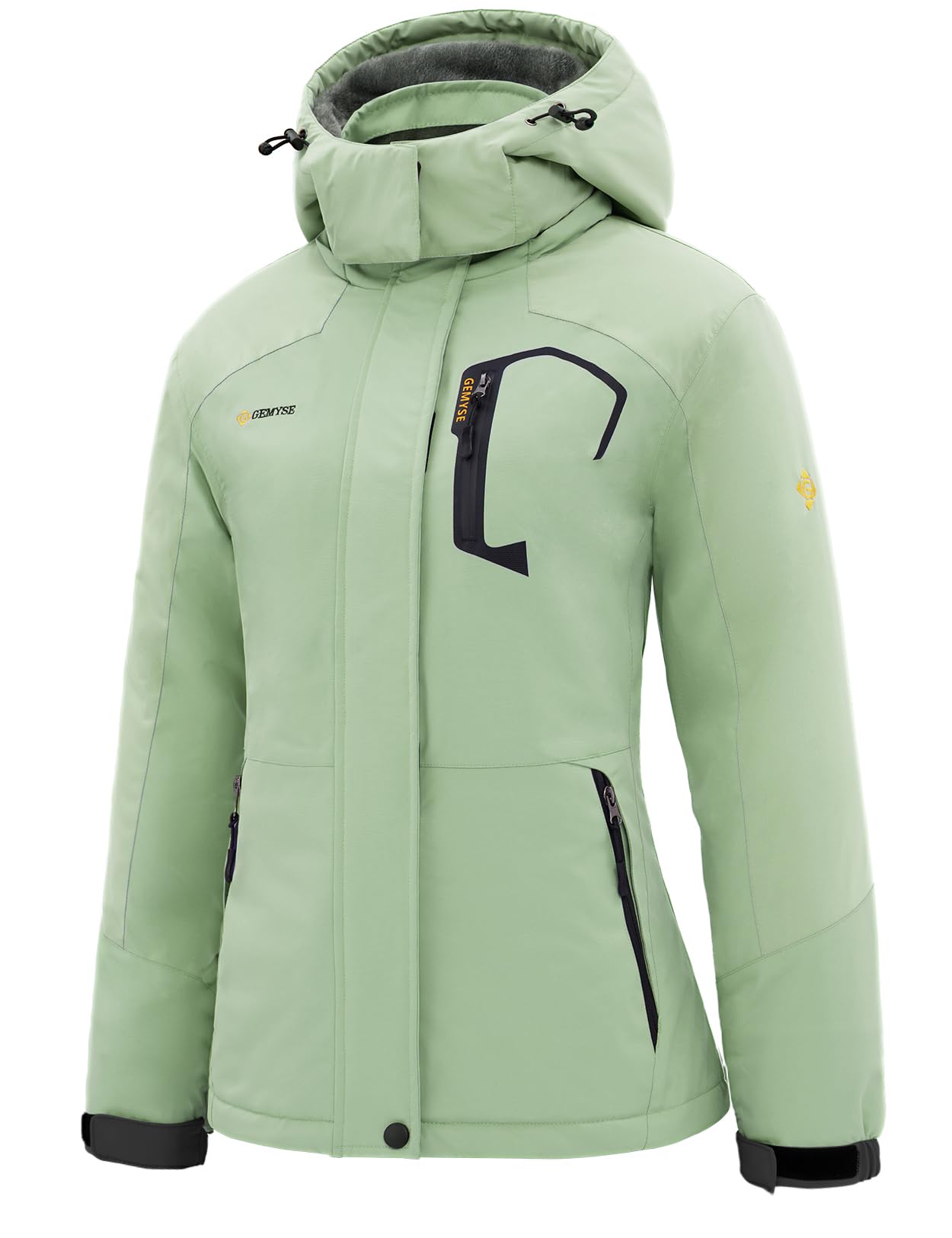 GEMYSE Damen Skijacke Wasserdicht Fleece Winterjacke Winddicht Schneejacke mit Kapuze für Outdoor Aktivitäten und Sport(Eisgrün,S)