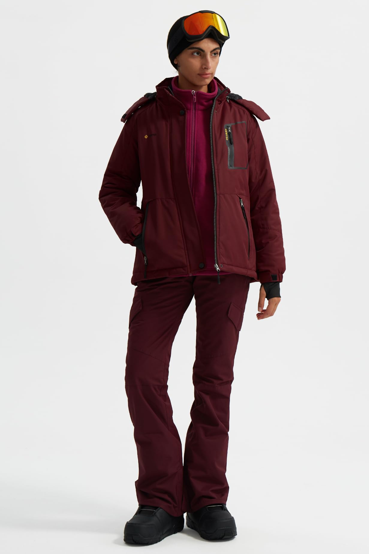GEMYSE Damen Skijacke Wasserdicht Fleece Winterjacke Winddicht Schneejacke mit Kapuze für Outdoor Aktivitäten und Sport(Weinrot,2XL)
