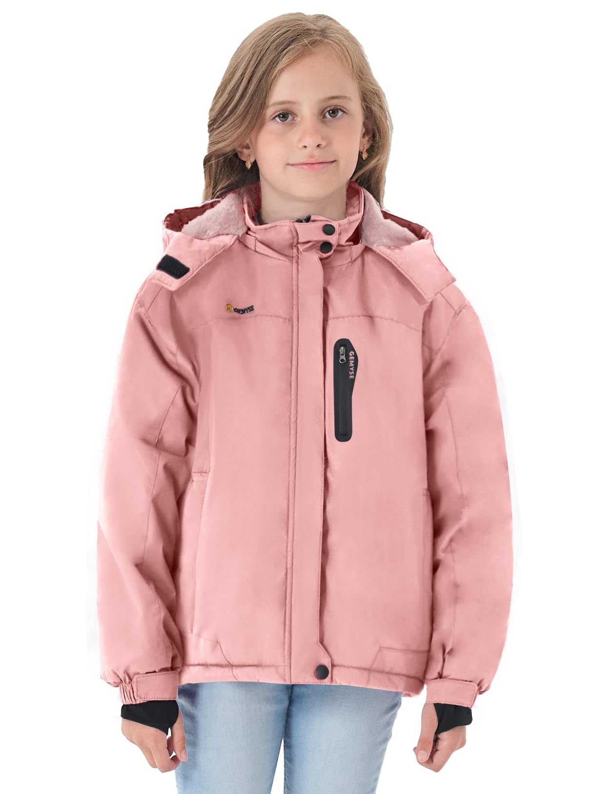 GEMYSE Mädchen Skijacke Wasserdichte Winterjacke Winddichter Fleece Schneeanzug Warm mit Kapuze für Aktivitäten im Freien(Korallenrosa mit Rosa Futter,140-146)