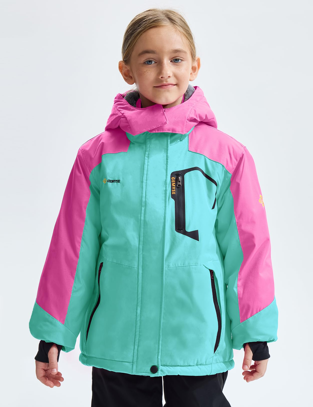GEMYSE Mädchen Skijacke Wasserdichte Winterjacke Mit Warmer Fütterung Winddichter Schneeanzug Warm mit Kapuze für Outdoor(Tansanitblau Mit Leuchtendem Rosa,152-158)