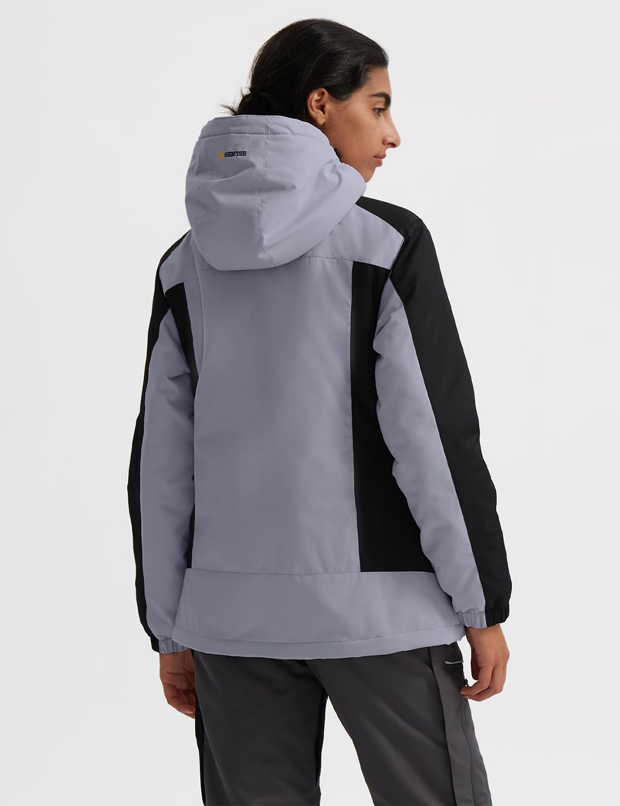 GEMYSE Damen Skijacke Wasserdicht Winddicht Fleece Winterjacke mit Kapuze Schneejacke für Aktivitäten im Freien(Grau schwarz,2XL)