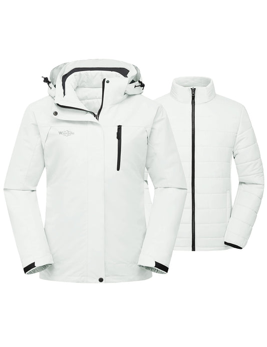 Wantdo Damen Warm Winter Jacke Abnehmbarer Innenschuh 3-in-1 Jacke wasserdichte Snowboardmantel Kapuzen Windjacke Weiß L