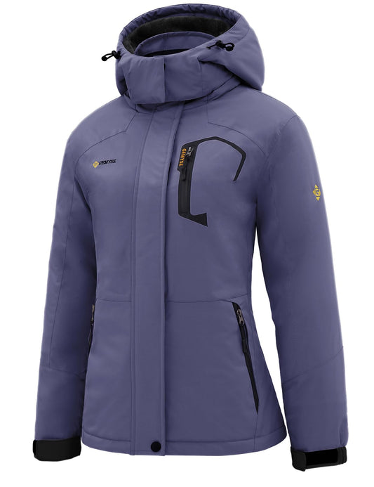 GEMYSE Damen Skijacke Wasserdicht Fleece Winterjacke Winddicht Schneejacke mit Kapuze für Outdoor Aktivitäten und Sport(Grau Lila,S)