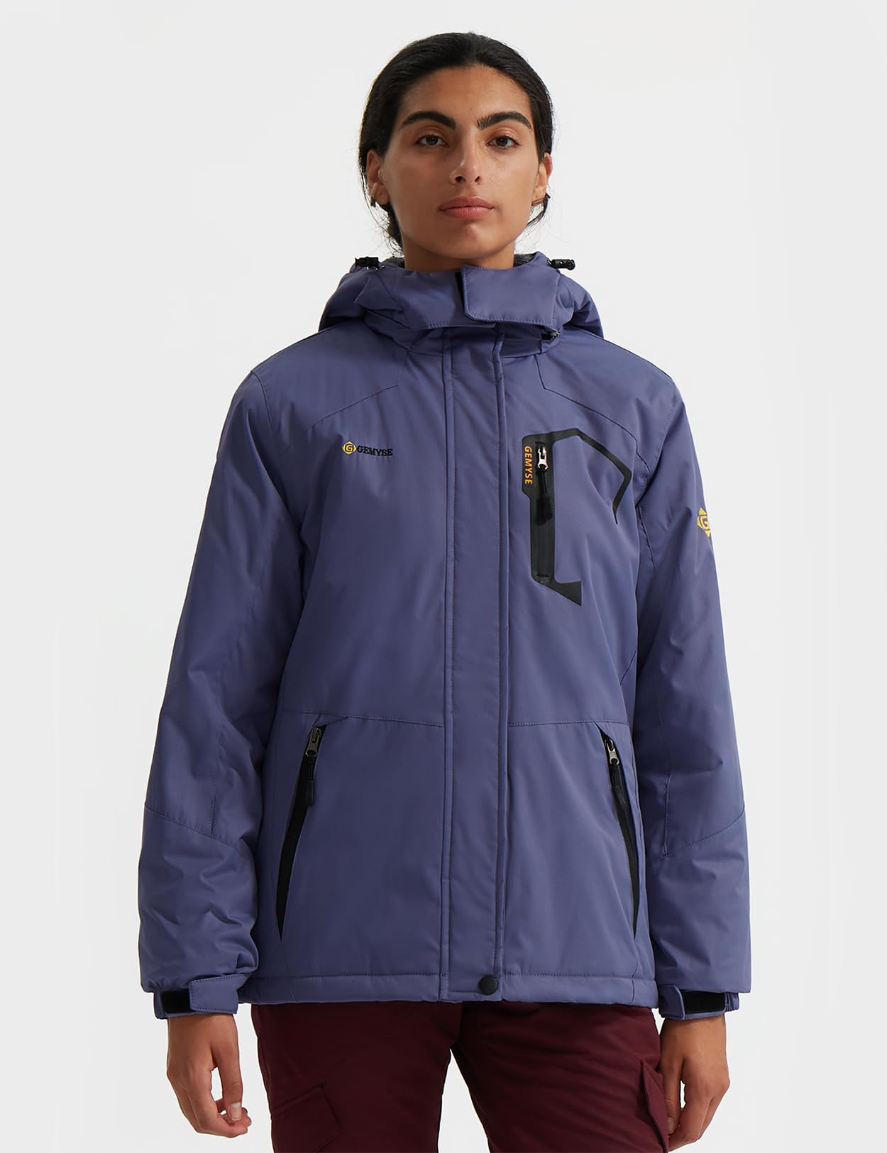 GEMYSE Damen Skijacke Wasserdicht Fleece Winterjacke Winddicht Schneejacke mit Kapuze für Outdoor Aktivitäten und Sport(Grau Lila,S)