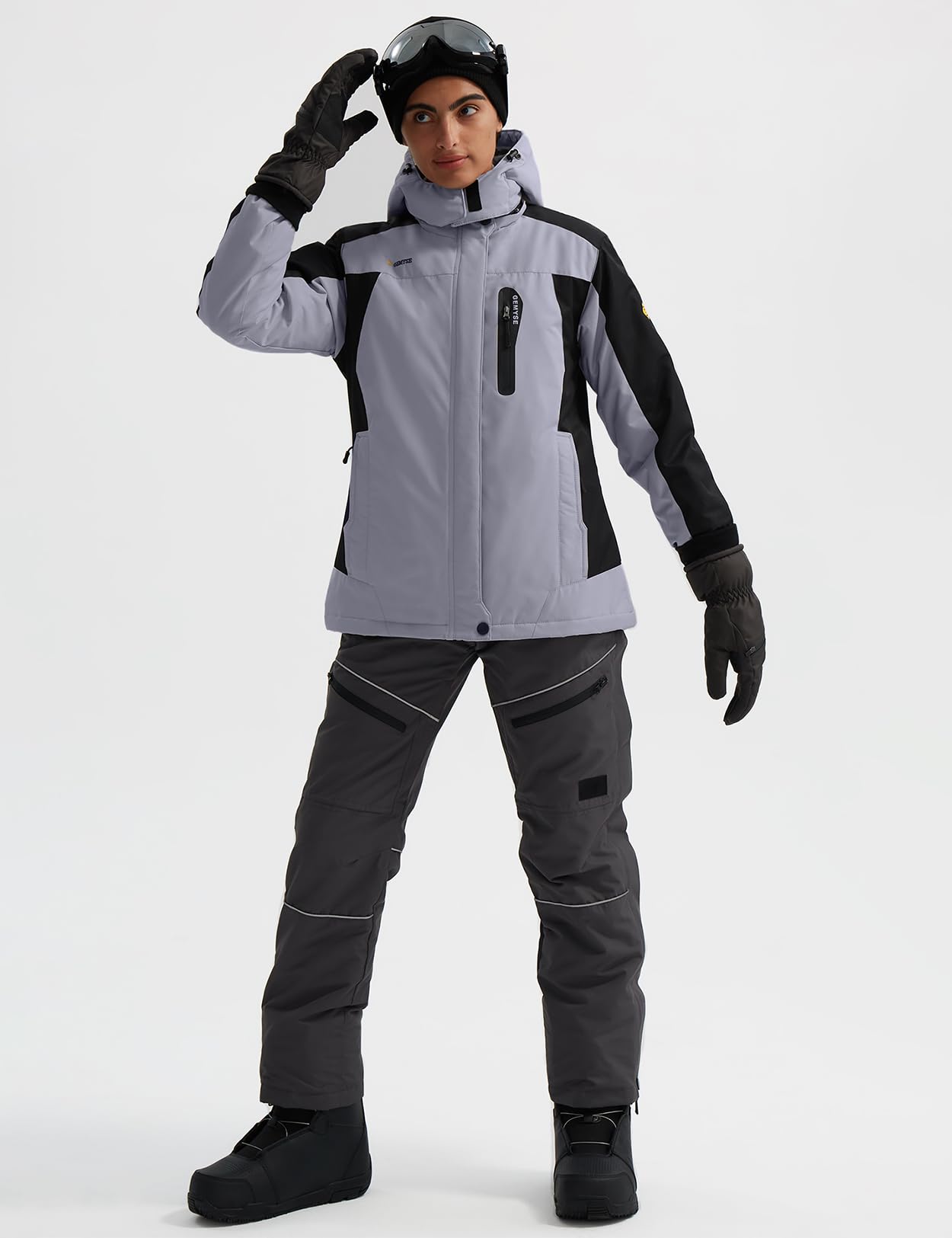 GEMYSE Damen Skijacke Wasserdicht Winddicht Fleece Winterjacke mit Kapuze Schneejacke für Aktivitäten im Freien(Grau schwarz,2XL)