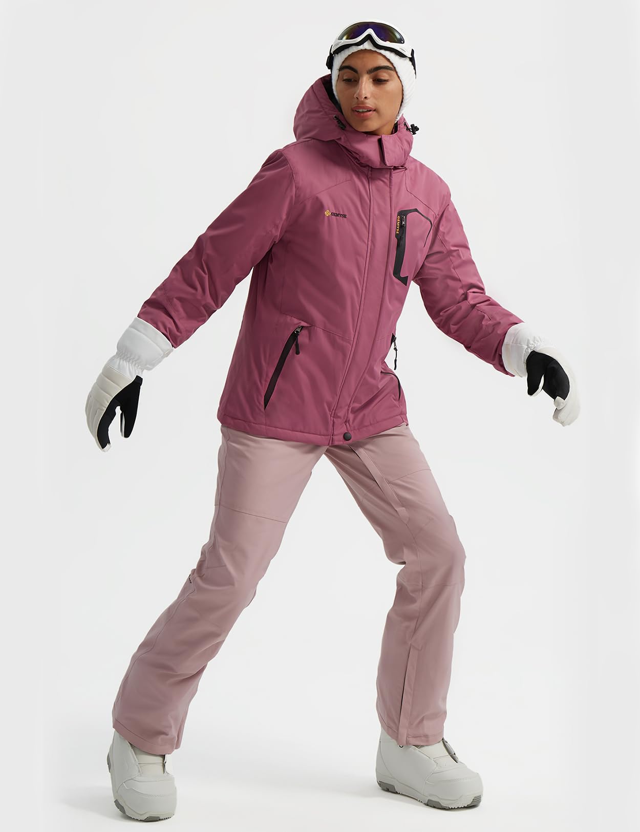 GEMYSE Damen Skijacke Wasserdicht Fleece Winterjacke Winddicht Schneejacke mit Kapuze für Outdoor Aktivitäten und Sport(Hellpink,L)