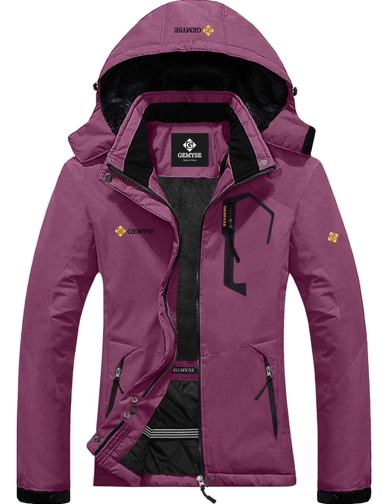GEMYSE Damen Skijacke Wasserdicht Fleece Winterjacke Winddicht Schneejacke mit Kapuze für Outdoor Aktivitäten und Sport(Hellpink,L)