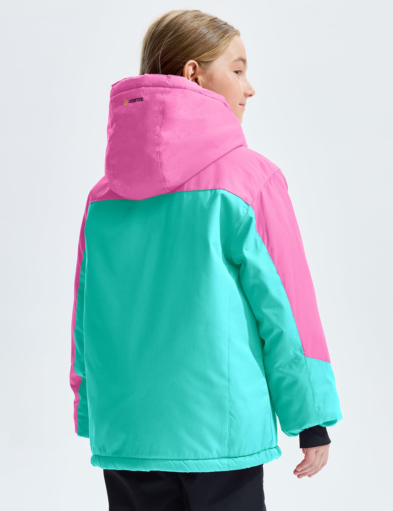 GEMYSE Mädchen Skijacke Wasserdichte Winterjacke Mit Warmer Fütterung Winddichter Schneeanzug Warm mit Kapuze für Outdoor(Tansanitblau Mit Leuchtendem Rosa,152-158)