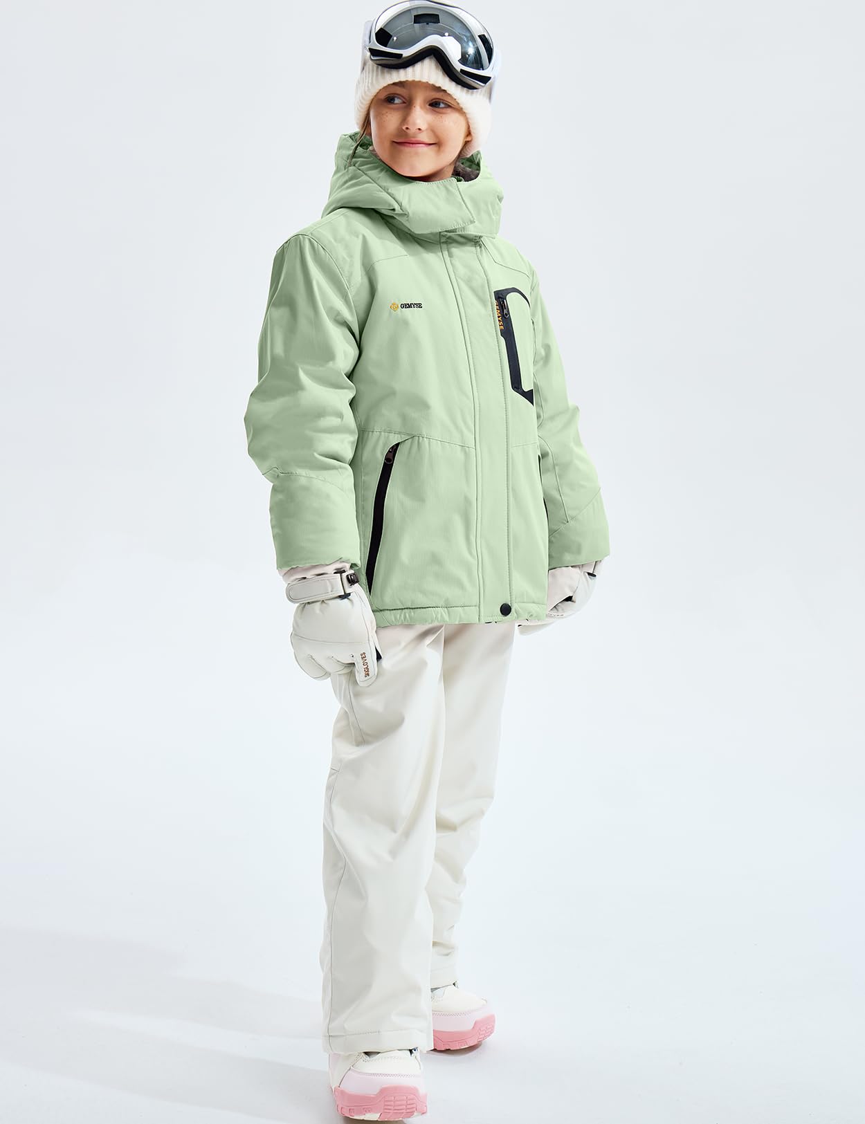 GEMYSE Mädchen Skijacke Wasserdichte Winterjacke Mit Warmer Fütterung Winddichter Schneeanzug Warm mit Kapuze für Outdoor(Aqua,140-146)