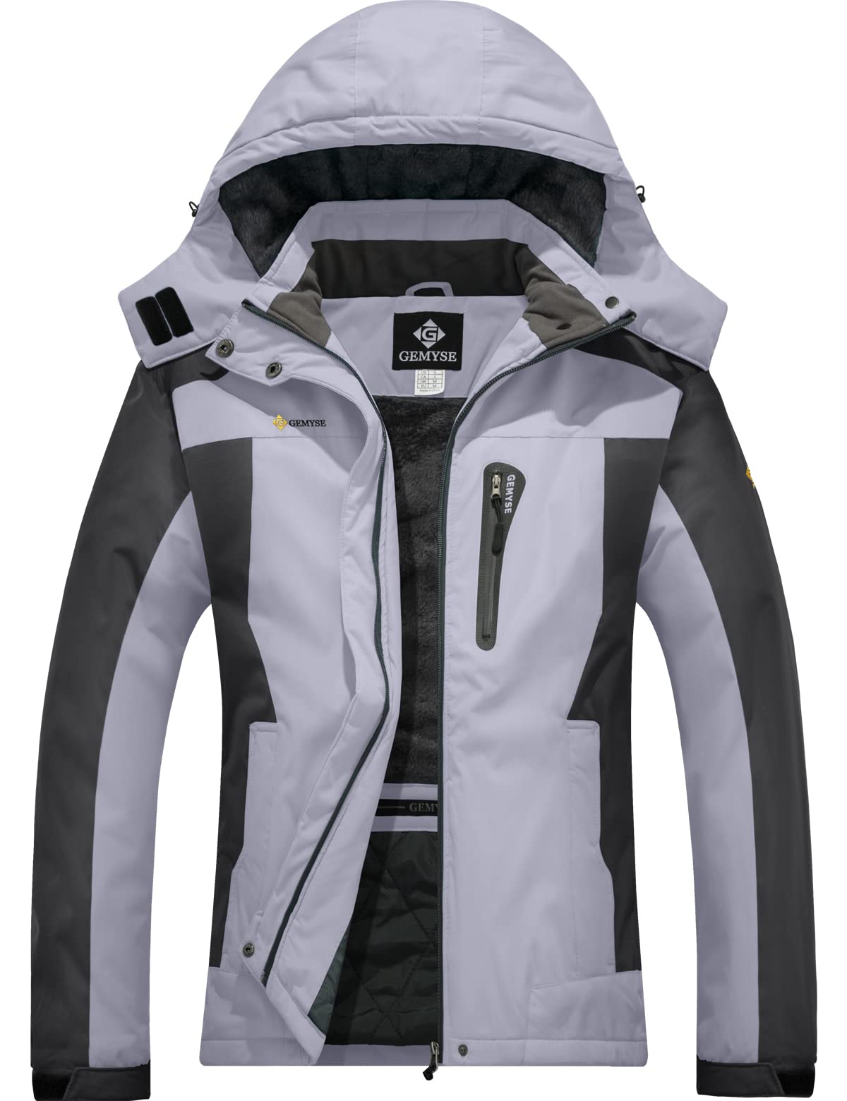 GEMYSE Damen Skijacke Wasserdicht Winddicht Fleece Winterjacke mit Kapuze Schneejacke für Aktivitäten im Freien(Grau schwarz,2XL)