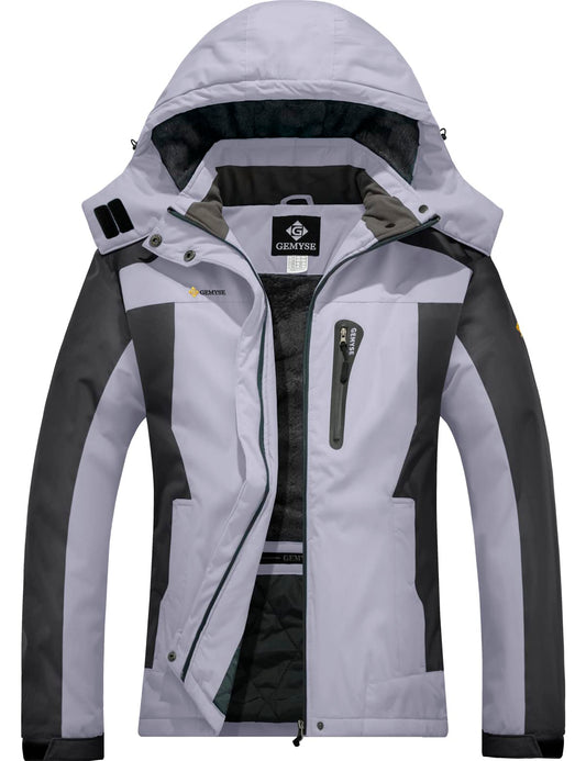GEMYSE Damen Skijacke Wasserdicht Winddicht Fleece Winterjacke mit Kapuze Schneejacke für Aktivitäten im Freien(Grau schwarz,2XL)