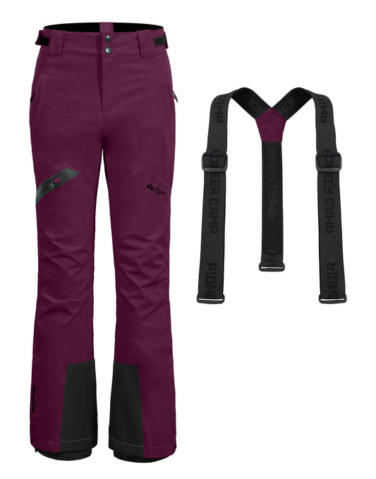Pioneer Camp Skihose Damen Schneehose abnehmbaren Hosenträgern Wasserdicht Winddichte Verschweißte Nähte Schneefang Snowboardhose Softshellhose Outdoorhose Funktionshose Himbeere XXL