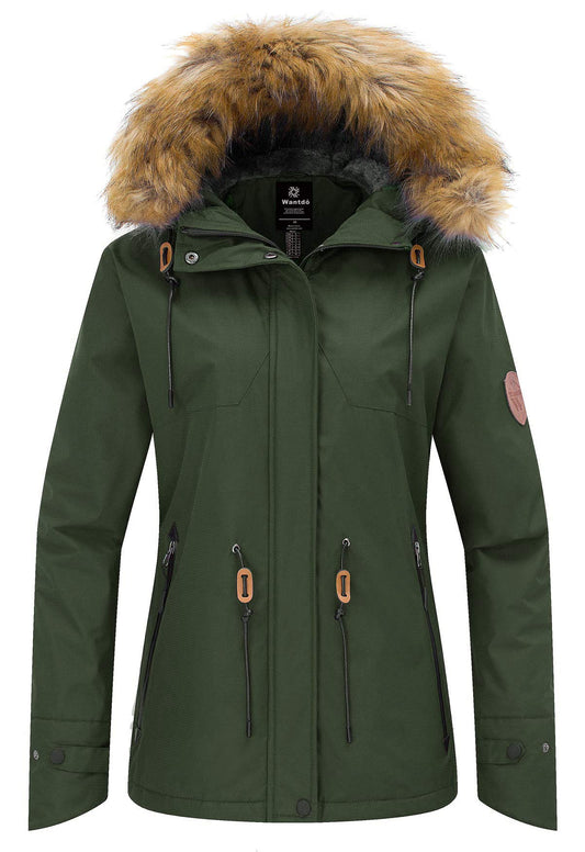 Wantdo Damen Wasserdicht Skijacke Winddichter Outdoor Sport Mäntel Berg Snowboardjacken Gefüttert Jacke mit Kunstpelzhaube Grün L