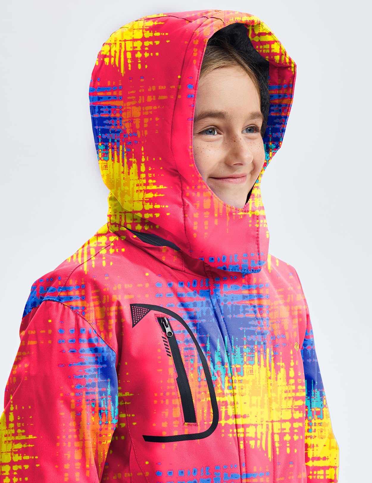 GEMYSE Mädchen Skijacke wasserdicht Winterjacke winddicht Fleece Schneeanzug warm mit Kapuze für Outdoor(Druck,140-146)