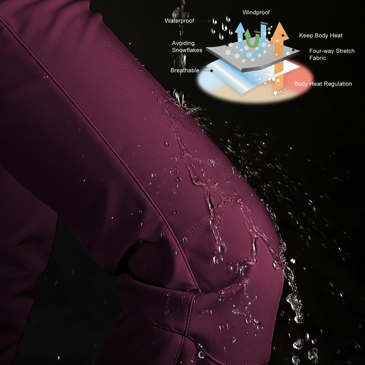 33,000ft Damen Skihose Outdoorhose Wasserdicht Winddichte Softshellhose Warme Gefütterte Trekkinghose Atmungsaktive Schnelltrocknende Thermohose Wanderhose Winter, Himbeerrot 34W*29L