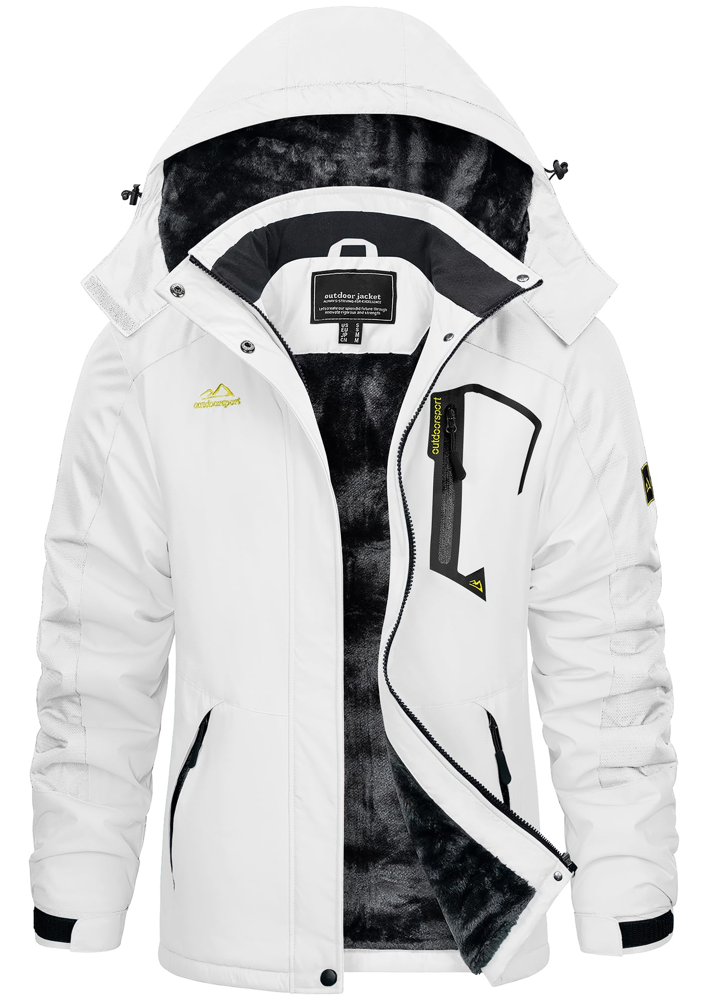 KEFITEVD Skijacke Damen Winddicht Warm Funktionsjacke mit Zip Taschen Fleece Thermojacke Warm Softshelljacke für Snowboarden Weiß XL