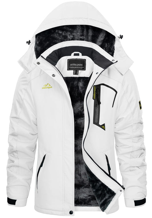 KEFITEVD Skijacke Damen Winddicht Warm Funktionsjacke mit Zip Taschen Fleece Thermojacke Warm Softshelljacke für Snowboarden Weiß XXL