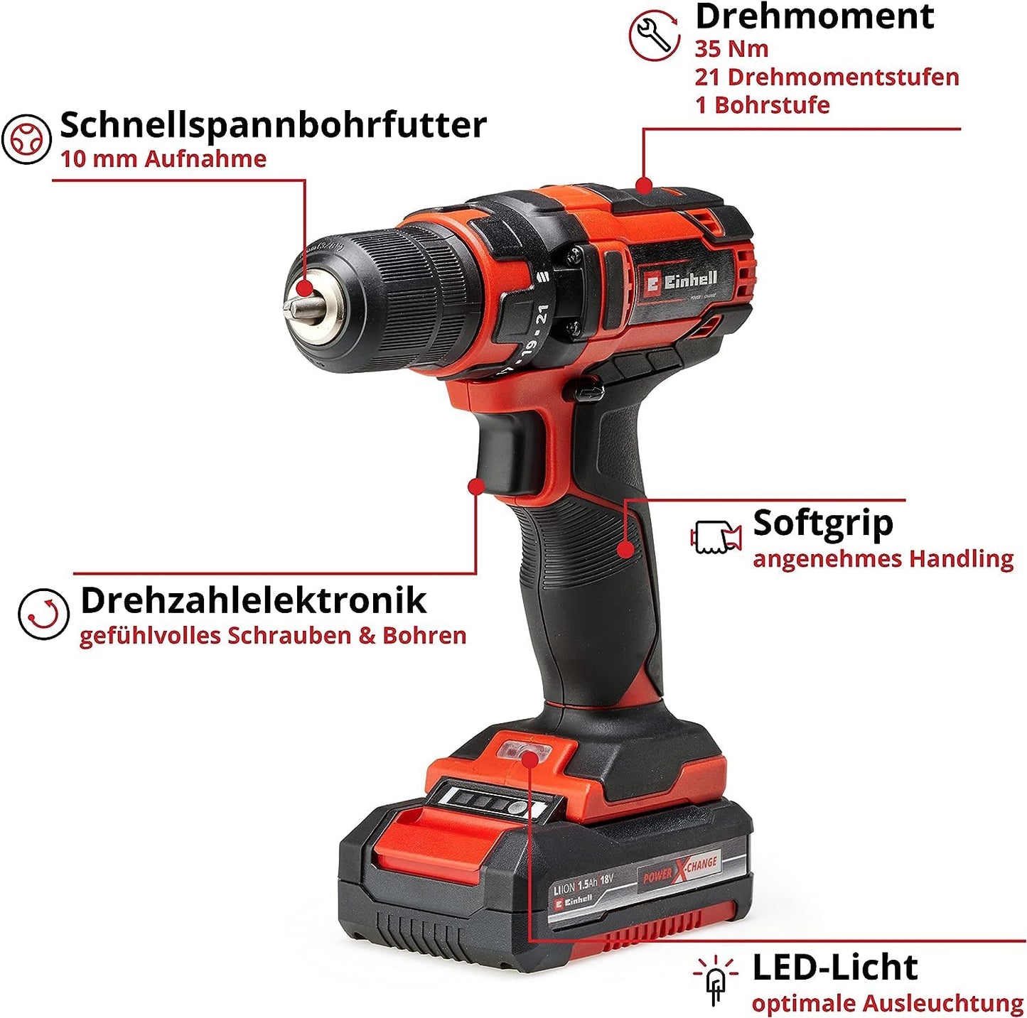 Akku-Bohrschrauber TC-CD 18/35 Li (1x1,5 Ah) Power X-Change (Lithium Ionen, 18 V, Drehzahl-Elektronik, LED-Beleuchtung, Softgrip, inkl. 1,5 Ah PXC-Akku, Ladegerät + Aufbewahrungskarton)