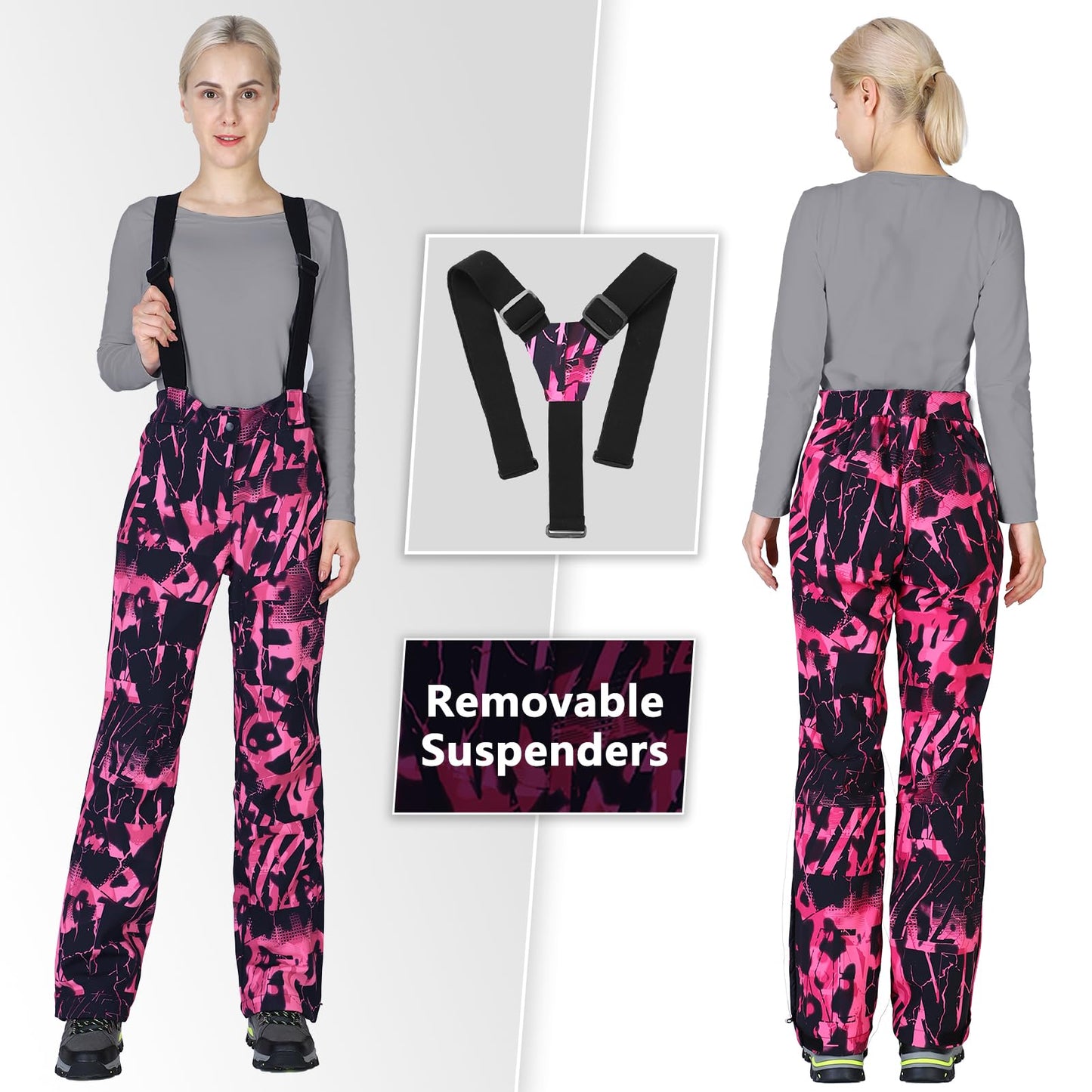 33,000ft Damen Skihose Hosenträgerhose Outdoorhose Wasserdicht Winddichte Softshellhose Warme Gefütterte Schneehose Snowboardhose Skilanglaufhose Thermohose Wanderhose Ski Pant, Schwarztarnung L