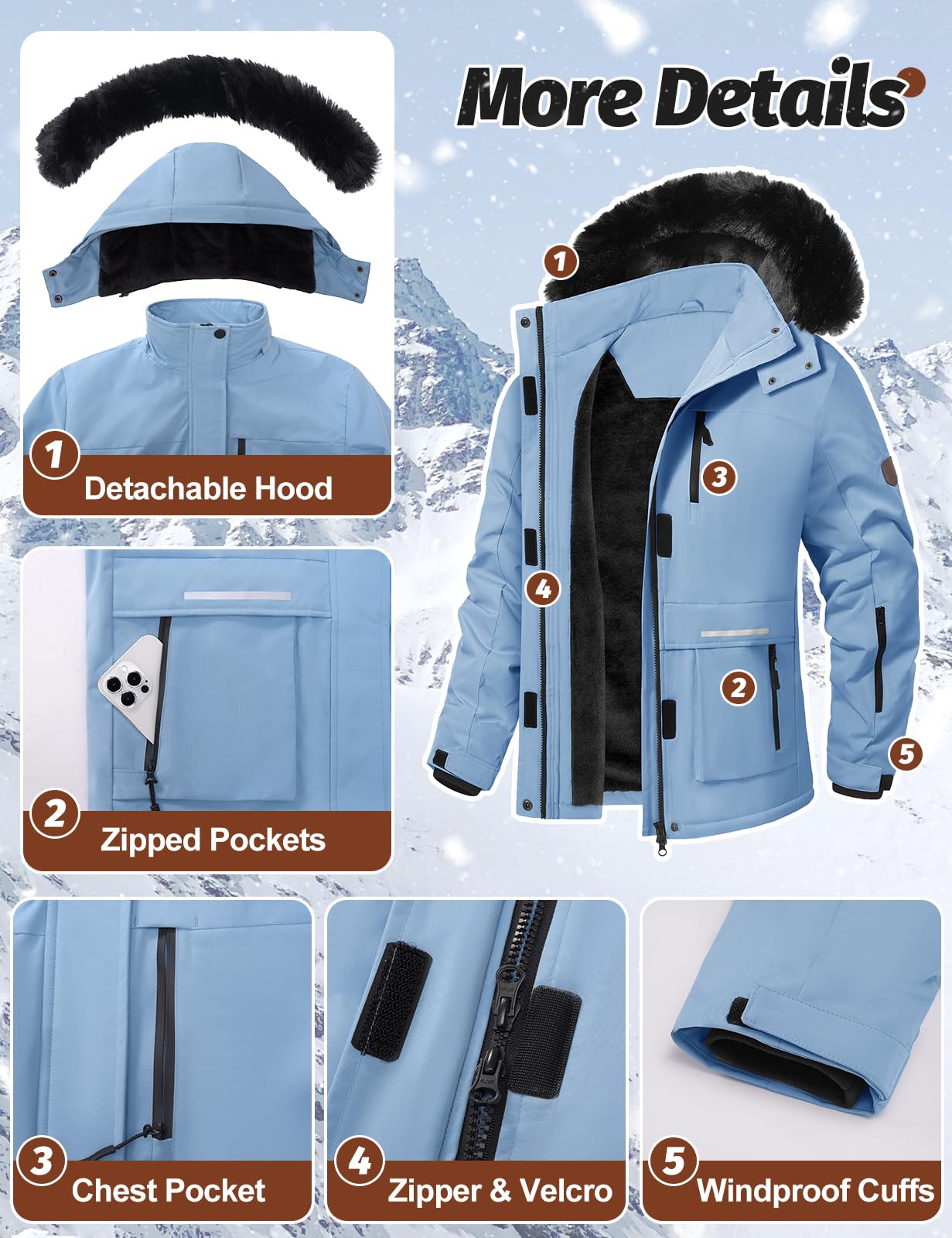 Voqeen Winterjacke Damen Wasserdicht Skijacke Fleece Schnee Skianzug Winddicht Atmungsaktiv Verdickt Skimantel mit Abnehmbarer für Damen