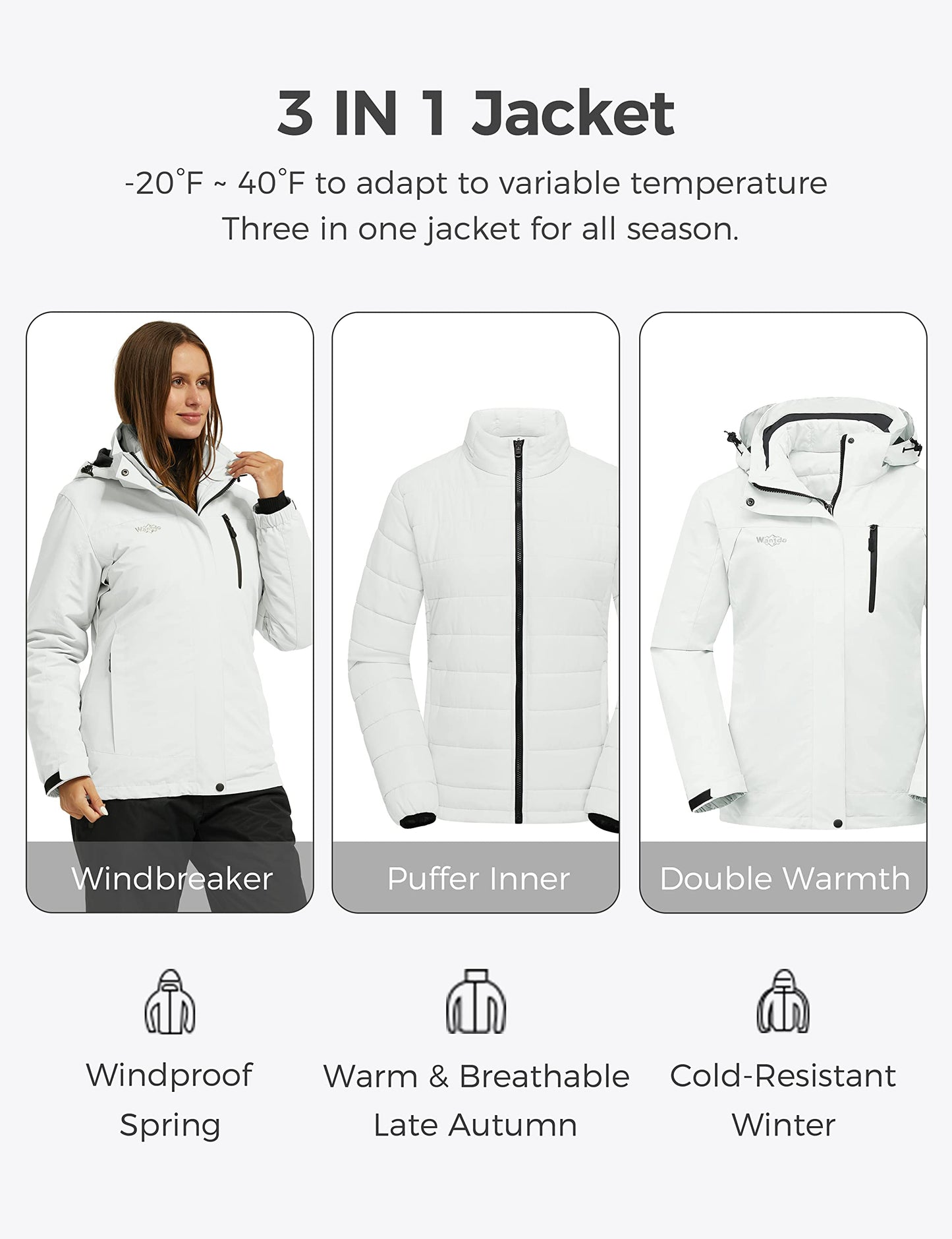 Wantdo Damen Warm Winter Jacke Abnehmbarer Innenschuh 3-in-1 Jacke wasserdichte Snowboardmantel Kapuzen Windjacke Weiß L