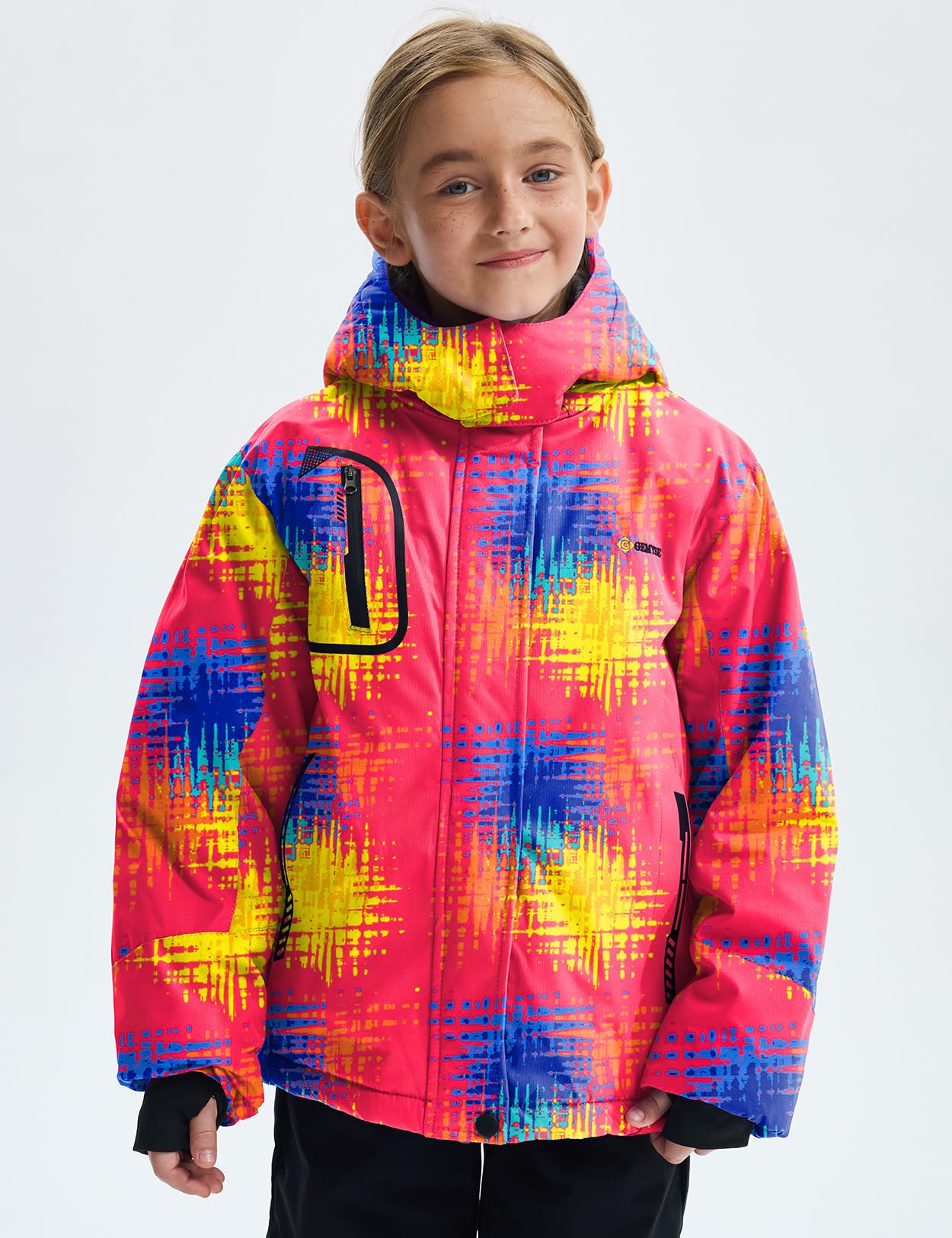 GEMYSE Mädchen Skijacke wasserdicht Winterjacke winddicht Fleece Schneeanzug warm mit Kapuze für Outdoor(Druck,140-146)