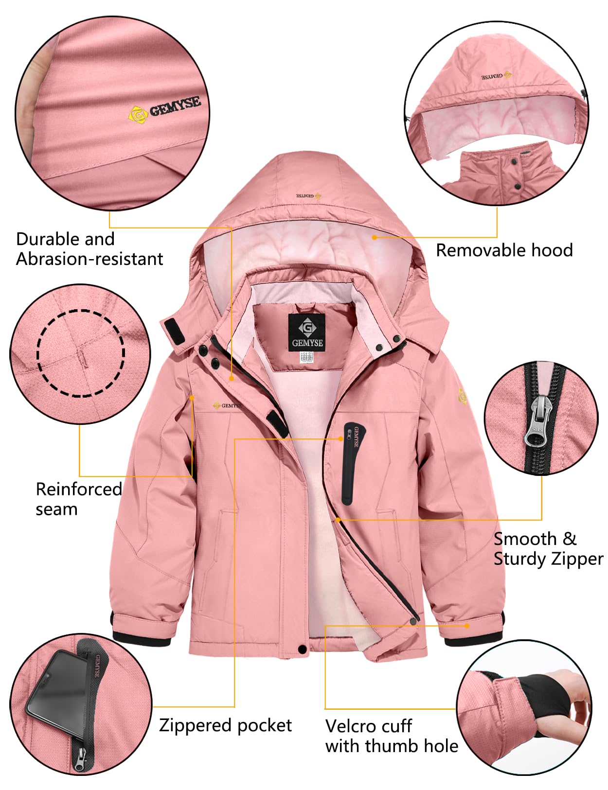 GEMYSE Mädchen Skijacke Wasserdichte Winterjacke Winddichter Fleece Schneeanzug Warm mit Kapuze für Aktivitäten im Freien(Korallenrosa mit Rosa Futter,140-146)