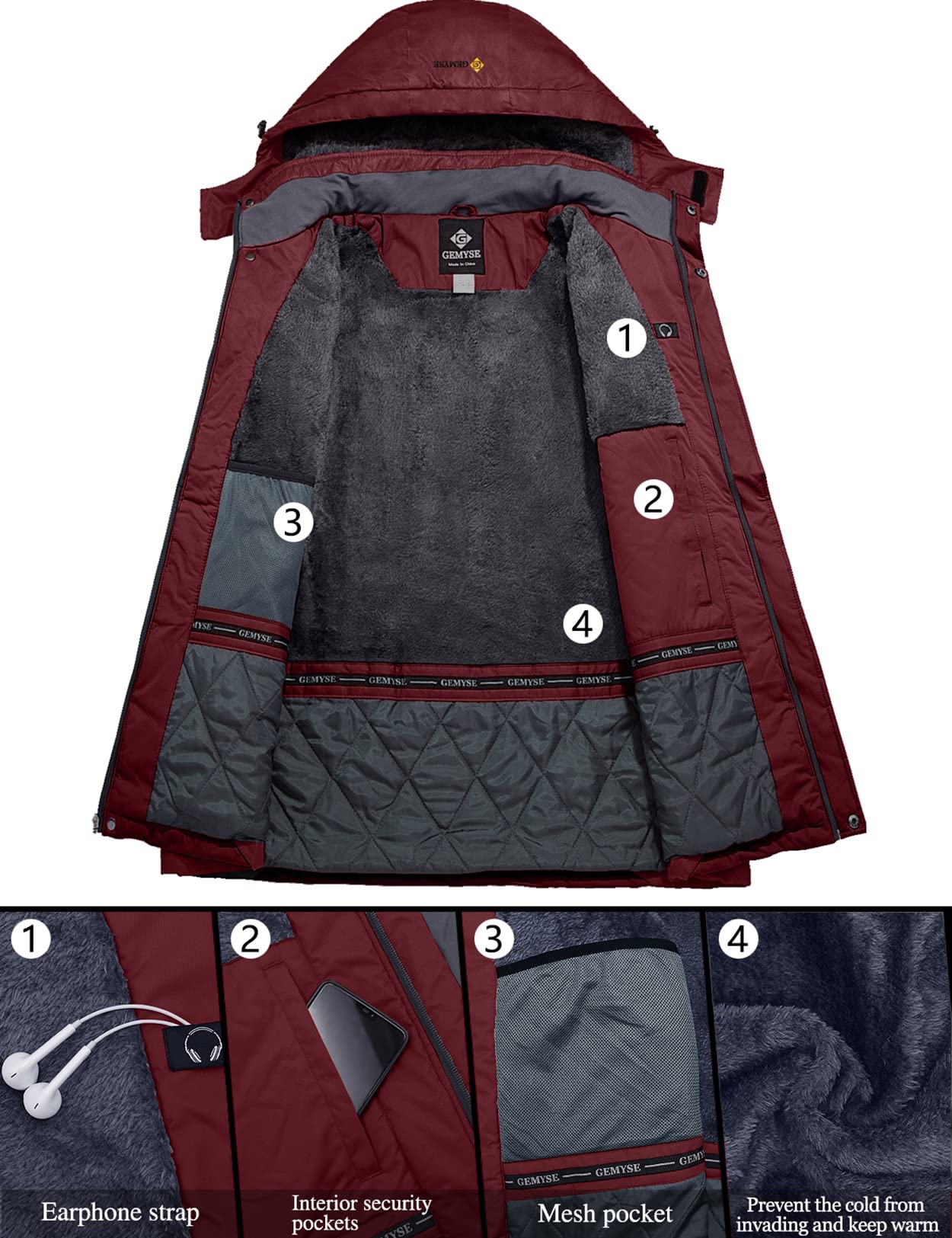GEMYSE Damen Skijacke Wasserdicht Fleece Winterjacke Winddicht Schneejacke mit Kapuze für Outdoor Aktivitäten und Sport(Weinrot,2XL)