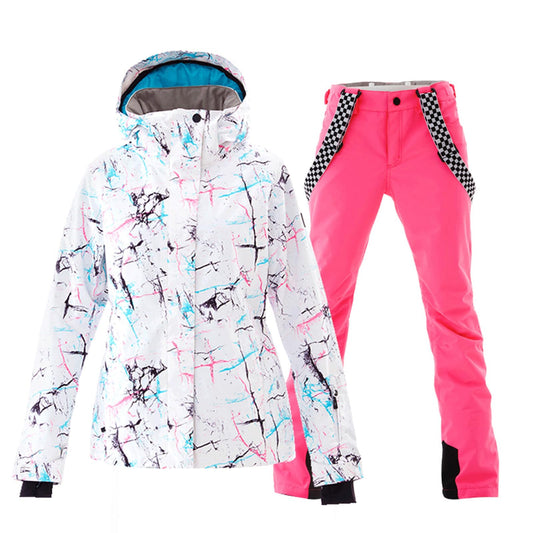 ALSOGO Damen Skianzug Schneeanzug Winddicht Wasserdicht Skifahren Snowboardjacke Trägerhose Set Zum Skifahren Snowboarden Klettern SMNWT+Pink L
