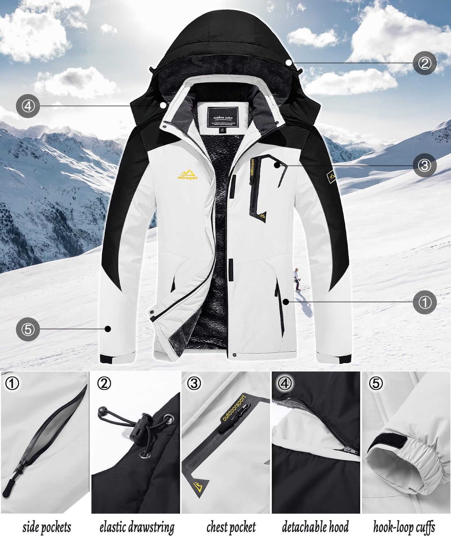 TACVASEN Dame Snowboardjacke Winter Wandern Übergangsjacke Arbeitsjacke Hiking Outdoor Jacken Gefüttert mit Kapuze und Taschen, Weiß-schwarz, XXL